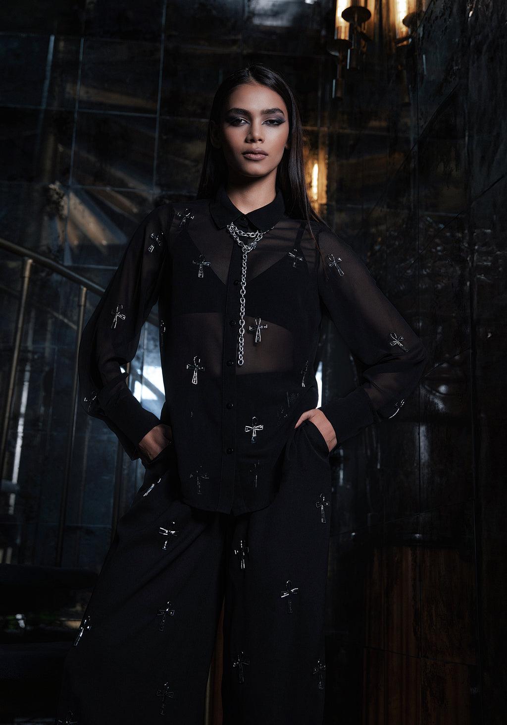 Ankh Beaded Chiffon Wide Leg Trousers Product Image