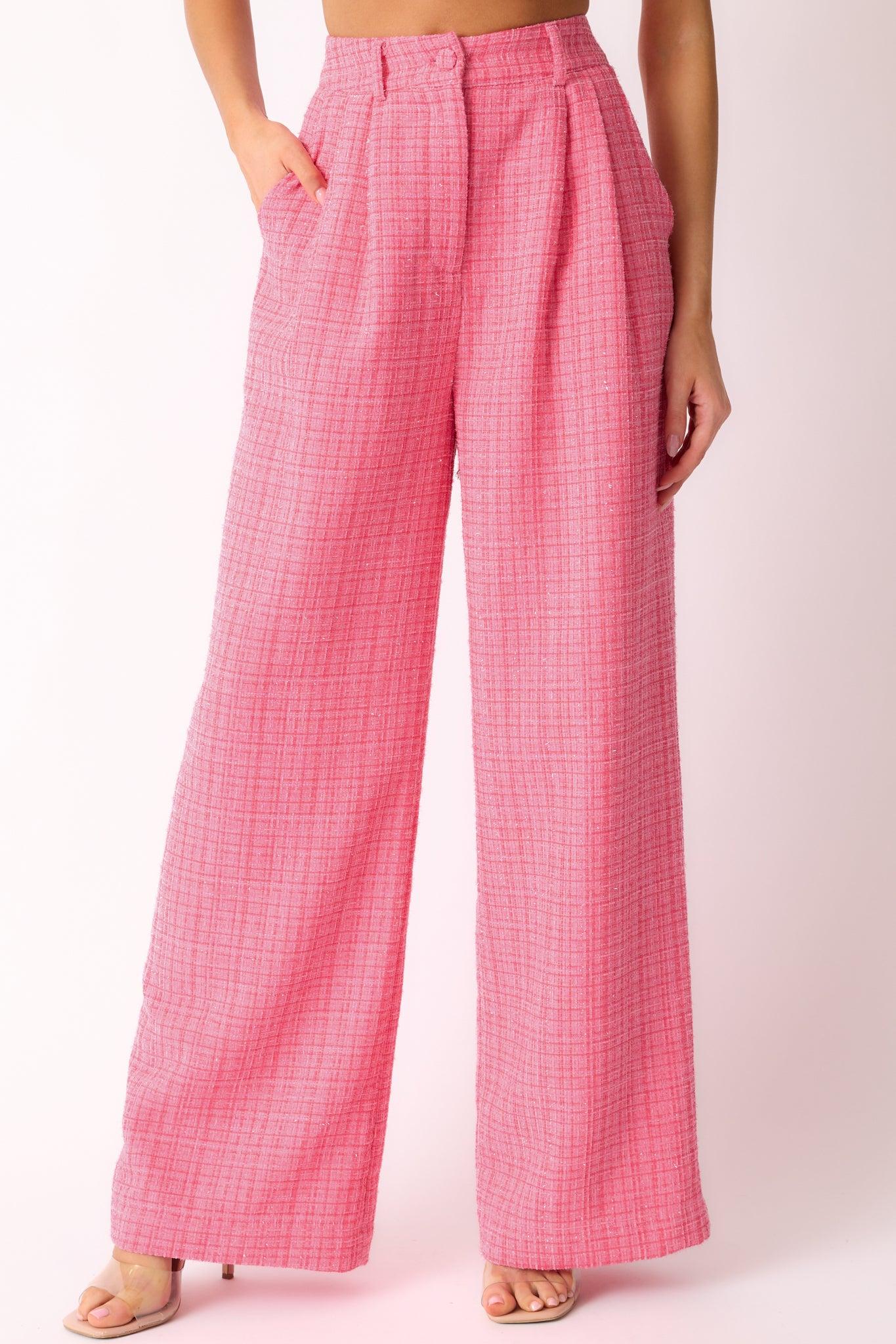 Chase The Day Pink Tweed Wide Leg Pants Product Image