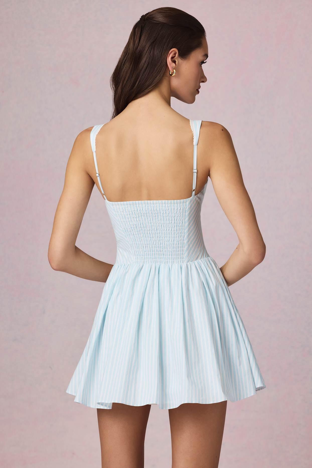 Bow-Detail A-Line Mini Dress in Powder Blue Stripe Product Image