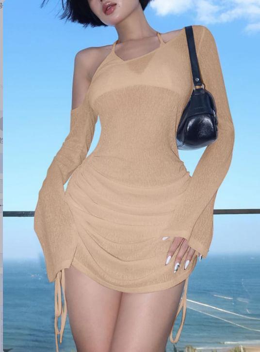 Long Sleeve One Shoulder Plain Drawstring Mini Sheath Dress Product Image