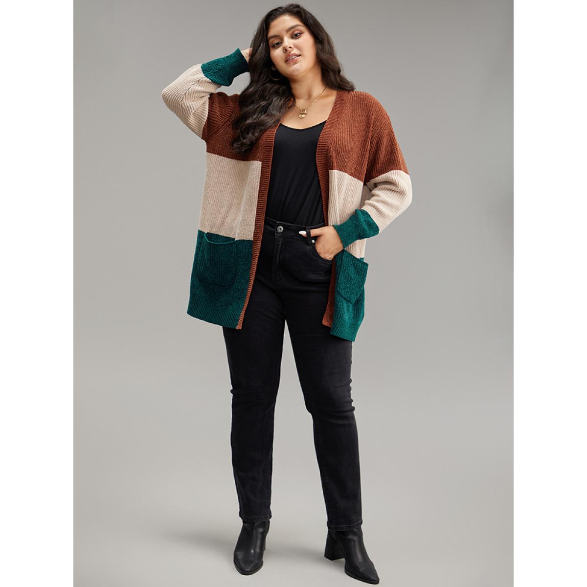 Plus Size Open Front Colorblock Patched Pocket Cardigan Multicolor Women Casual Loose Long Sleeve Dailywear Cardigans BloomChic 22-24/3X Product Image