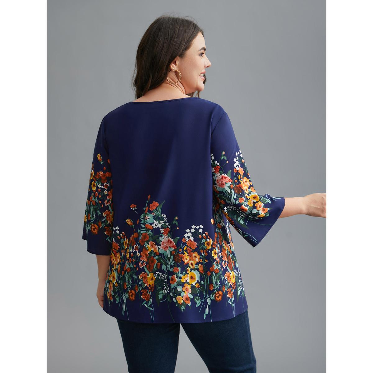 Plus Size Indigo Floral V Neck Cut-Out Lace Blouse Women Elegant Elbow-length sleeve V-neck Everyday Blouses BloomChic 22-24/3X Product Image