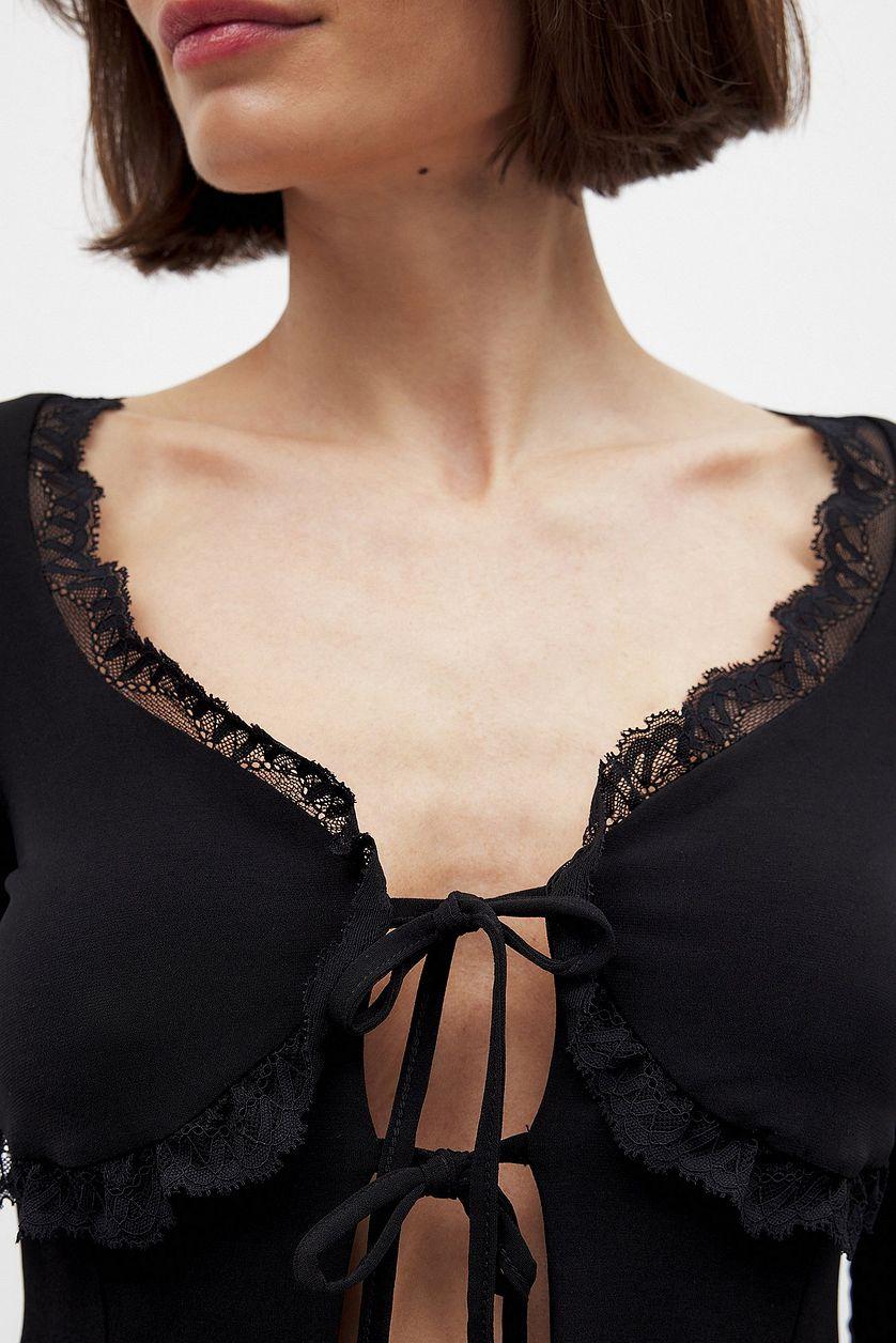 Long Sleeve Lace Tie Top Black Product Image