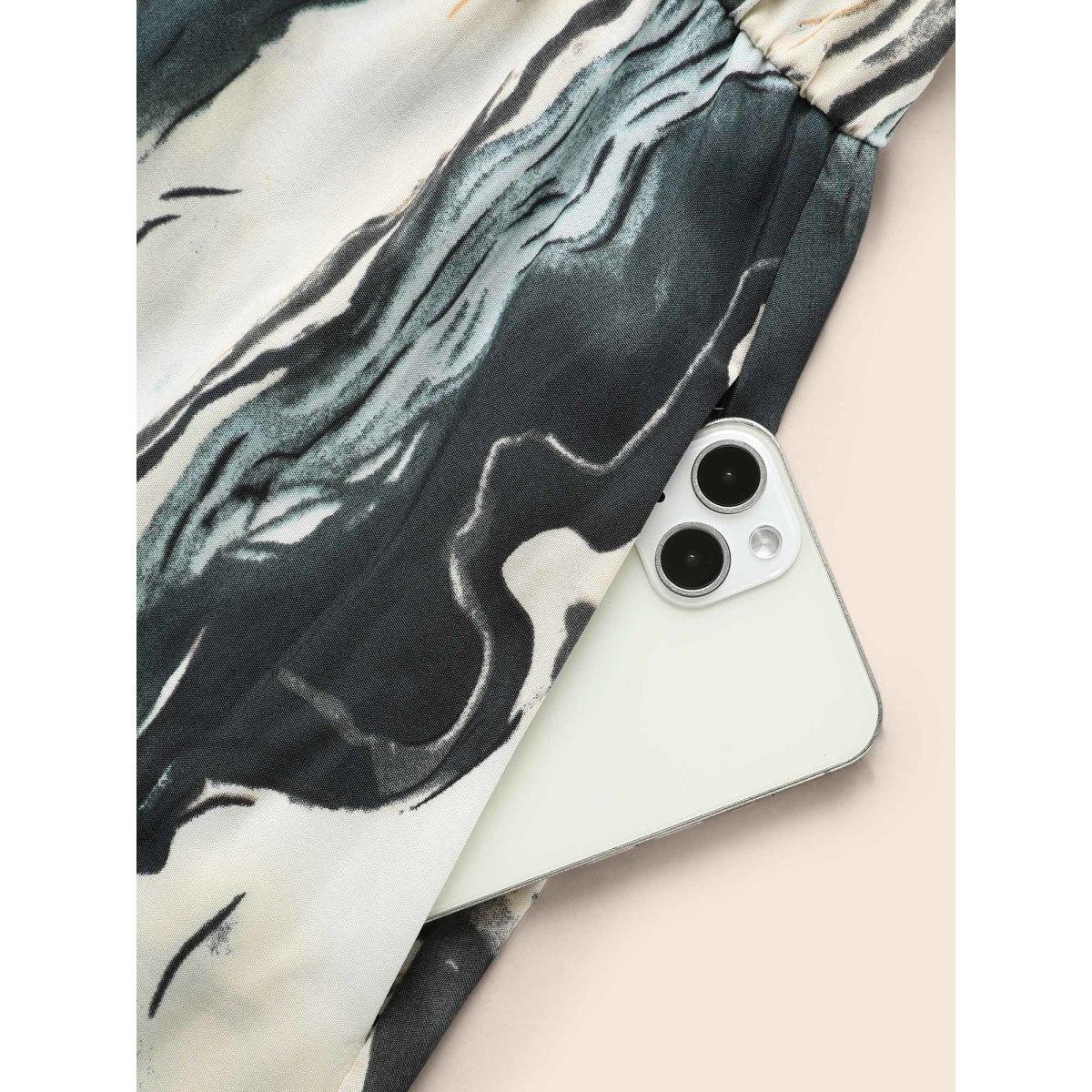 Plus Size Watercolor Floral Overlap Collar Midi Dress Aegean Women Elegant Gathered Overlap Collar Long Sleeve Curvy BloomChic 28/5X Product Image