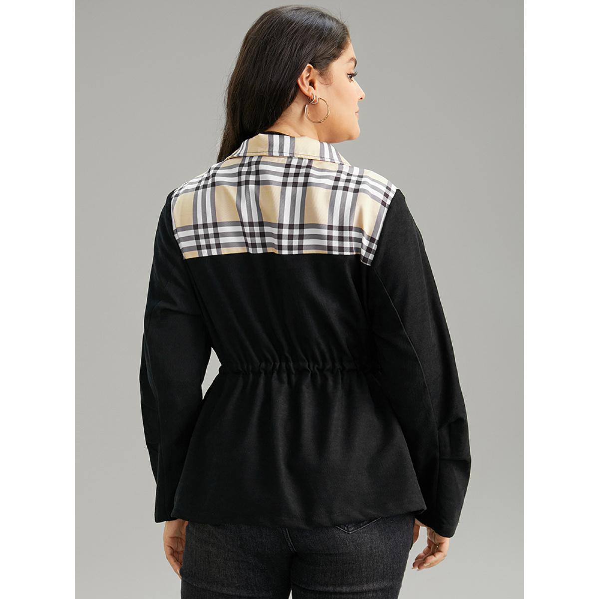 Plus Size Plaid Patchwork Drawstring Zipper Fly Flap Pocket Coat Women Black Casual Contrast Ladies Everyday Winter Coats BloomChic 28/5X Product Image