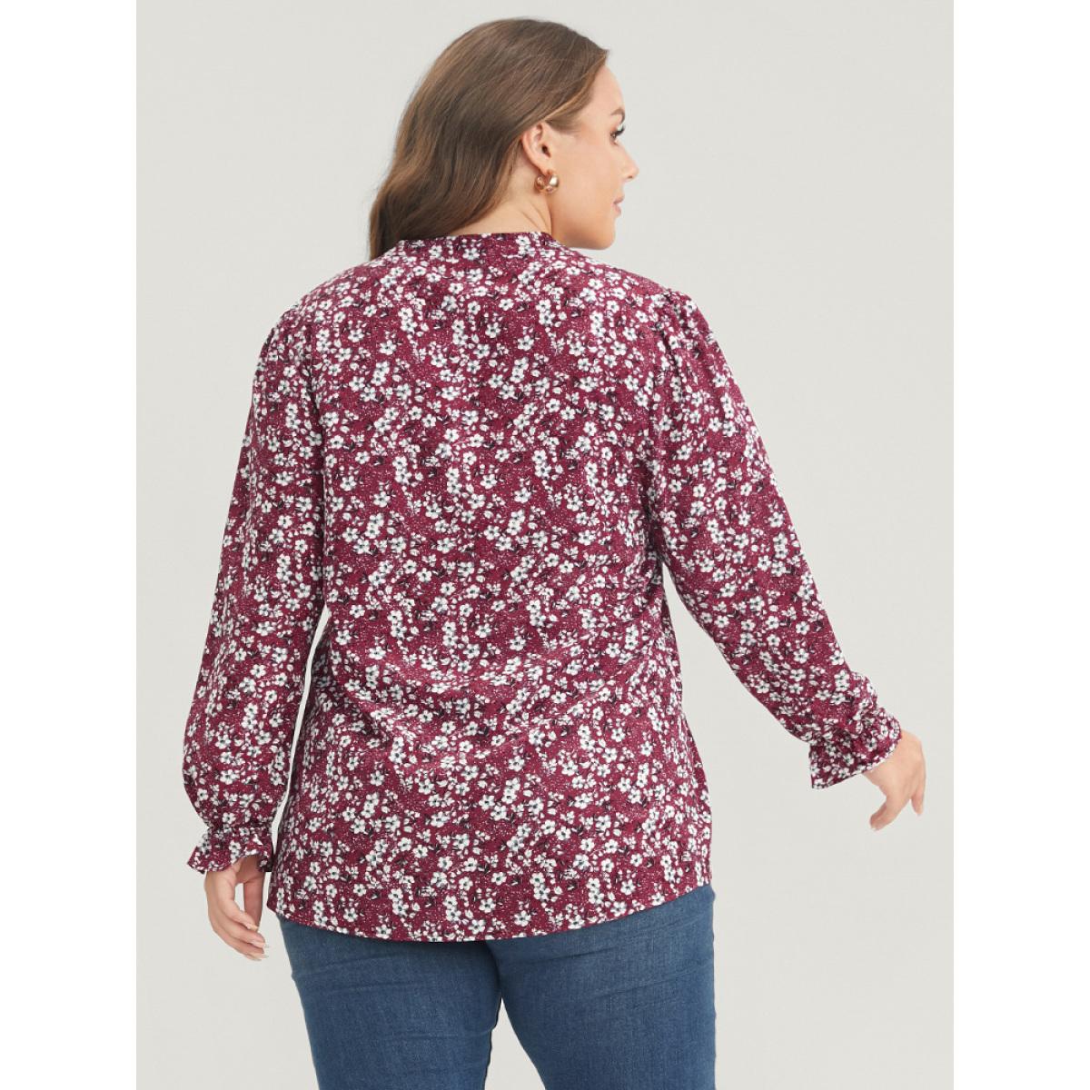 Plus Size Burgundy Floral Lantern Sleeve Arc Hem V Neck Blouse Women Elegant Long Sleeve V-neck Dailywear Blouses BloomChic 22-24/3X Product Image