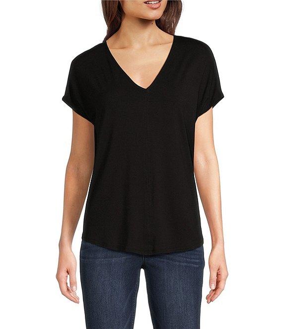 Gibson & Latimer Knit V-Neck Dropped Short Sleeve Shell Shirttail Tee Shirt Product Image