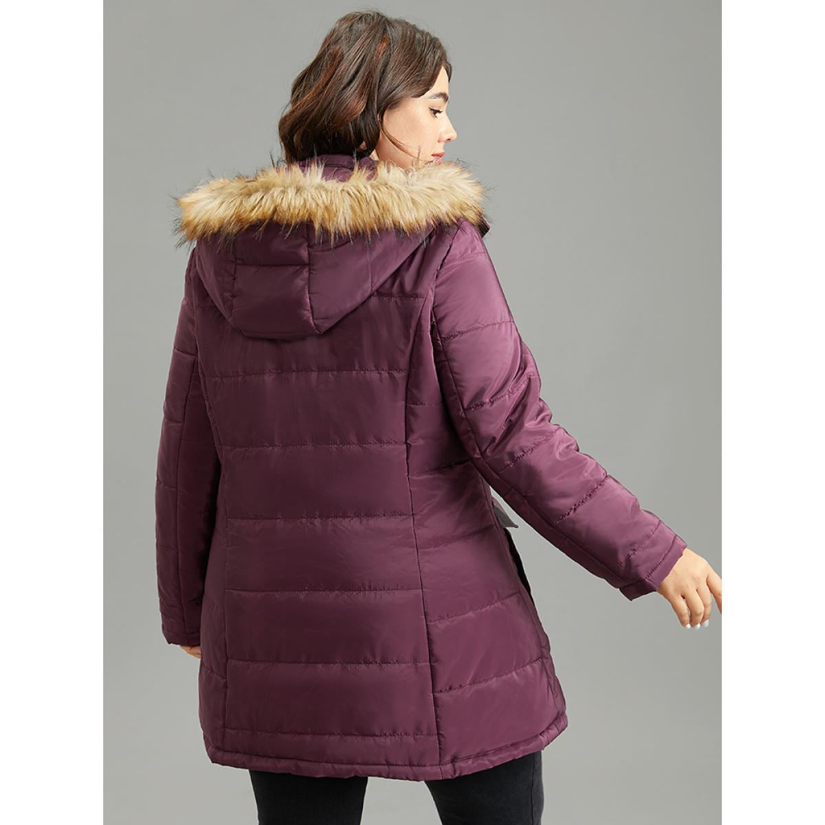 Plus Size Solid Flap Pocket Fuzzy Trim Padded Coat Women Purple Casual Lined Ladies Dailywear Winter Coats BloomChic 12/L Product Image