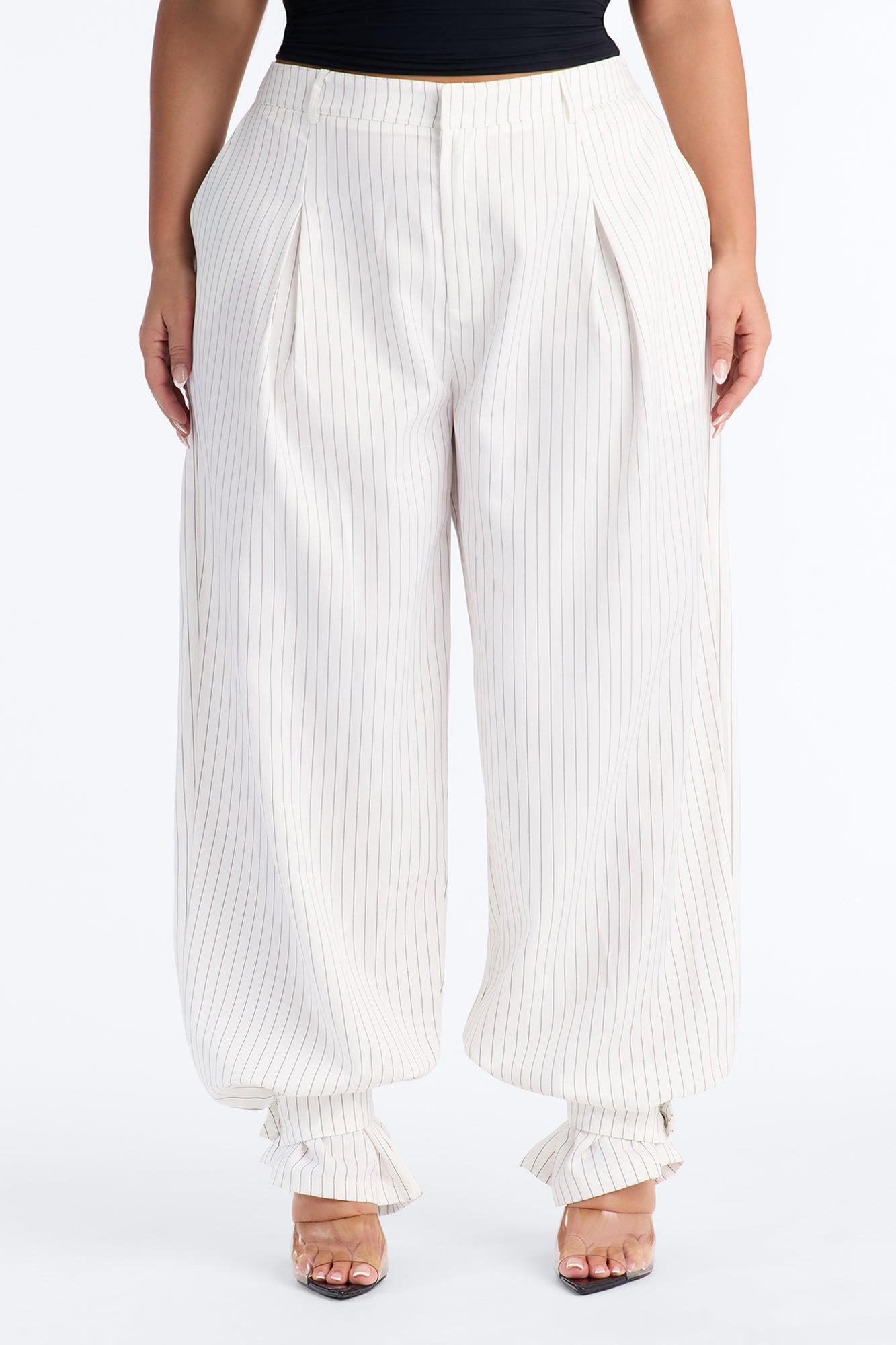 Never Settle Pinstripe Adjustable Cuff Trouser Pants 33″ - Ivory Female Product Image