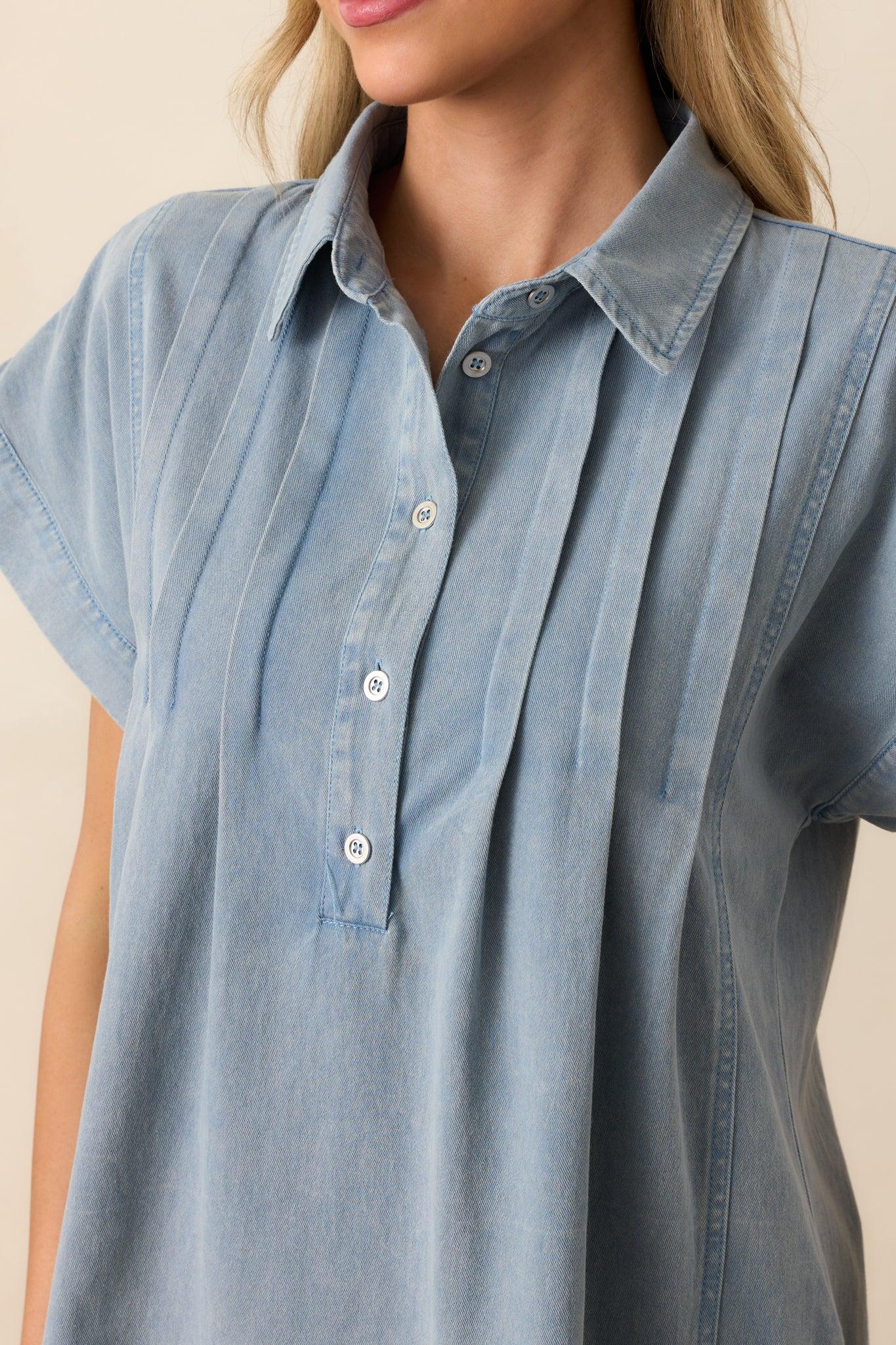 Perfect Afternoon Light Wash Short Sleeve Denim Mini Dress Product Image