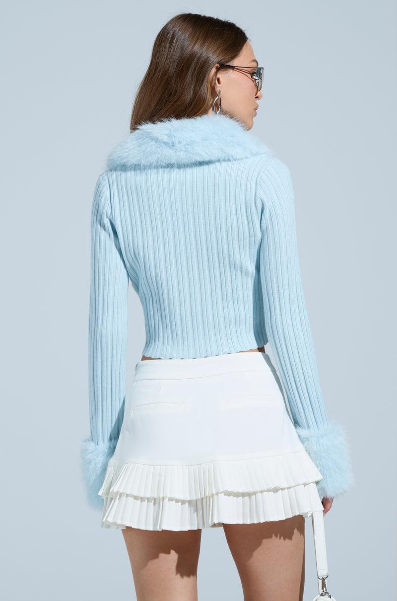 ANGEL EYES FUR TRIM CARDIGAN IN BLUE Product Image