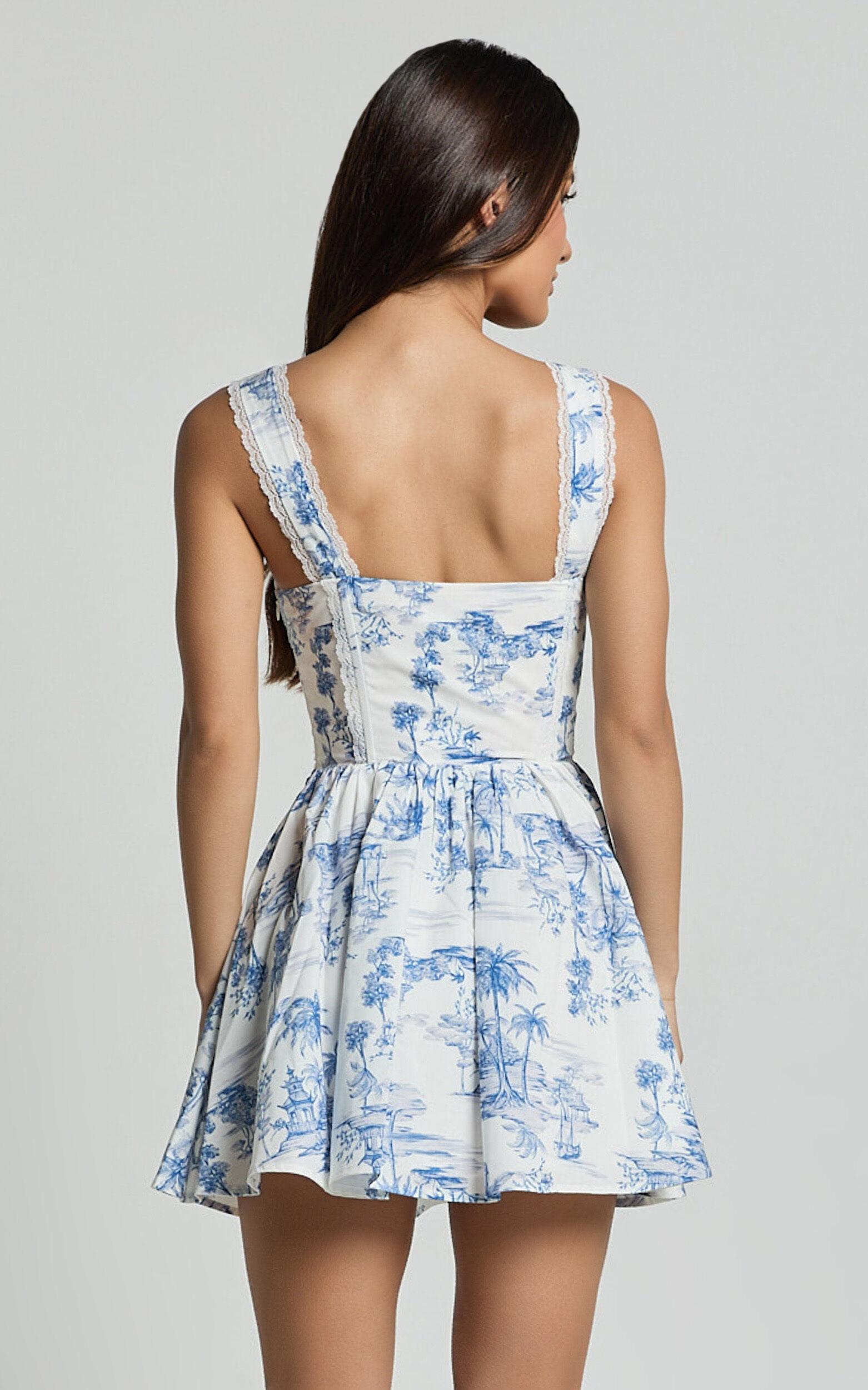 Idris Mini Dress - Lace Trim Corset Lace Up Back Dress in Toile De Jouy Print Product Image