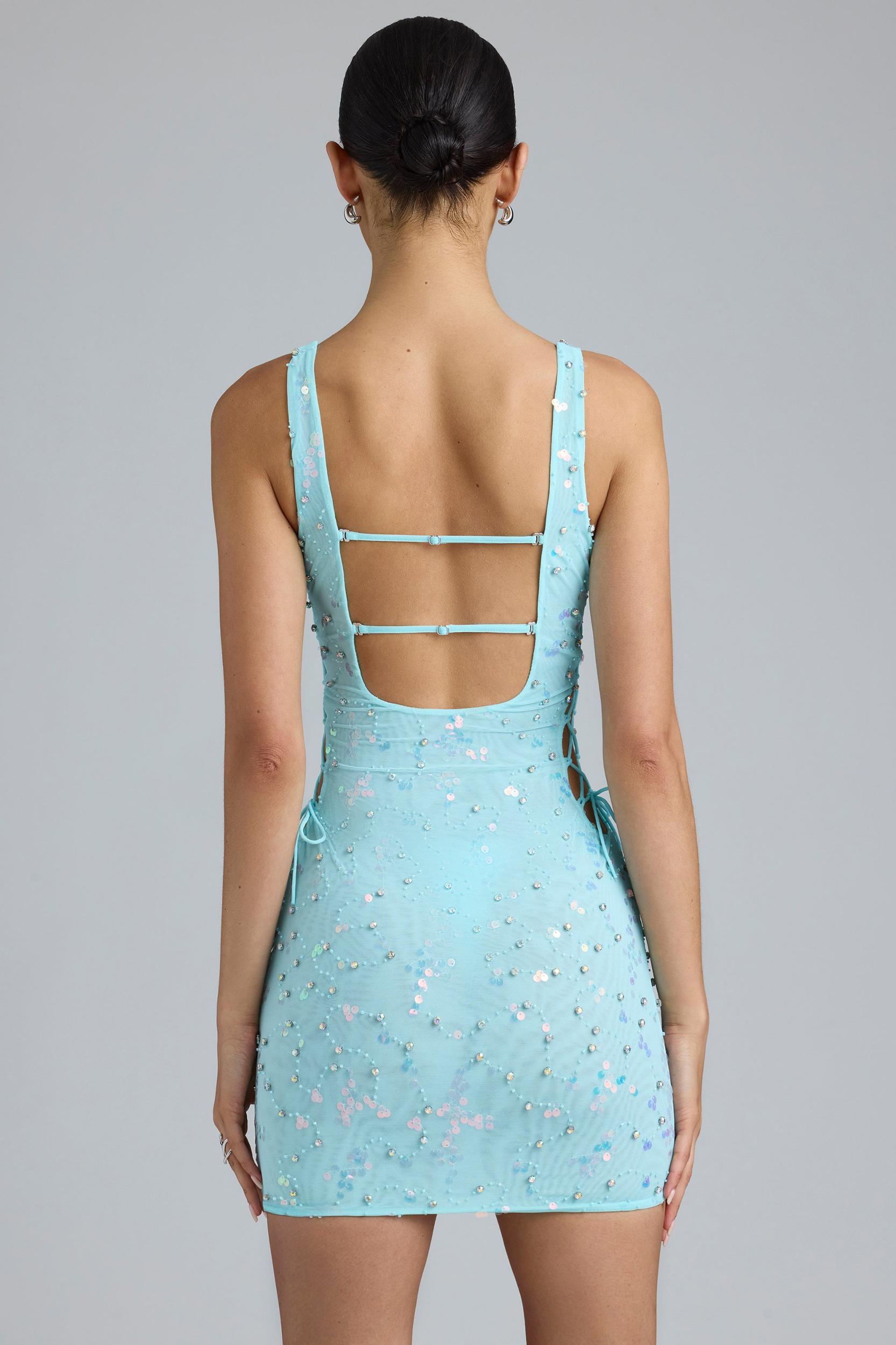 Embellished Lace-Up Mini Dress in Ice Blue Product Image
