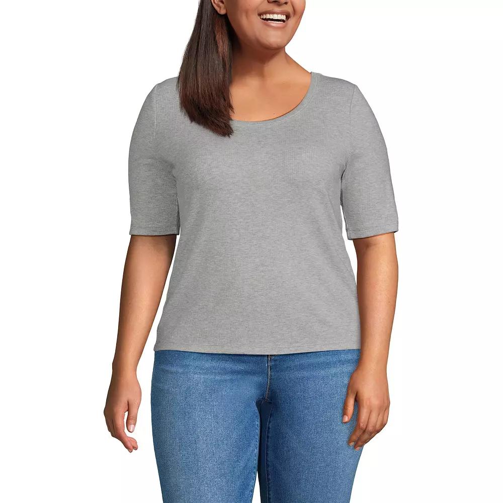 Plus Size Lands' End Drapey Rib Fitted Elbow Sleeve Scoop Neck Tee, Women's, Size: 3XL, Frosted Green Stripe Product Image