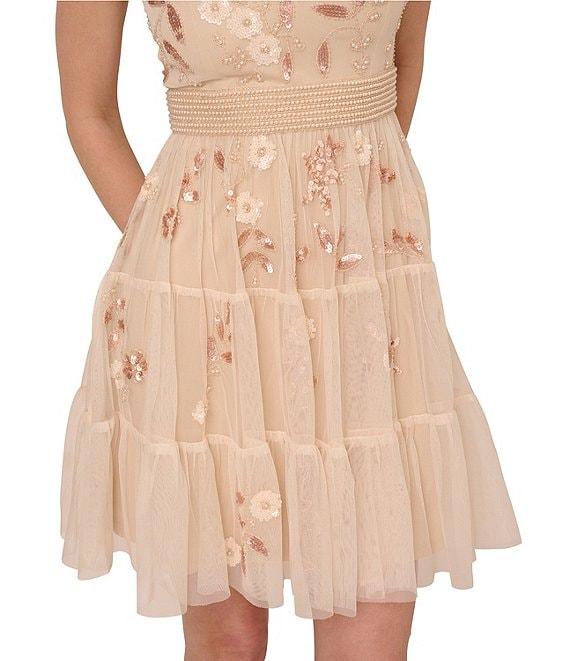 Adrianna Papell V-Neck Short Sleeve Beaded Mesh Tiered A-Line Dress Product Image
