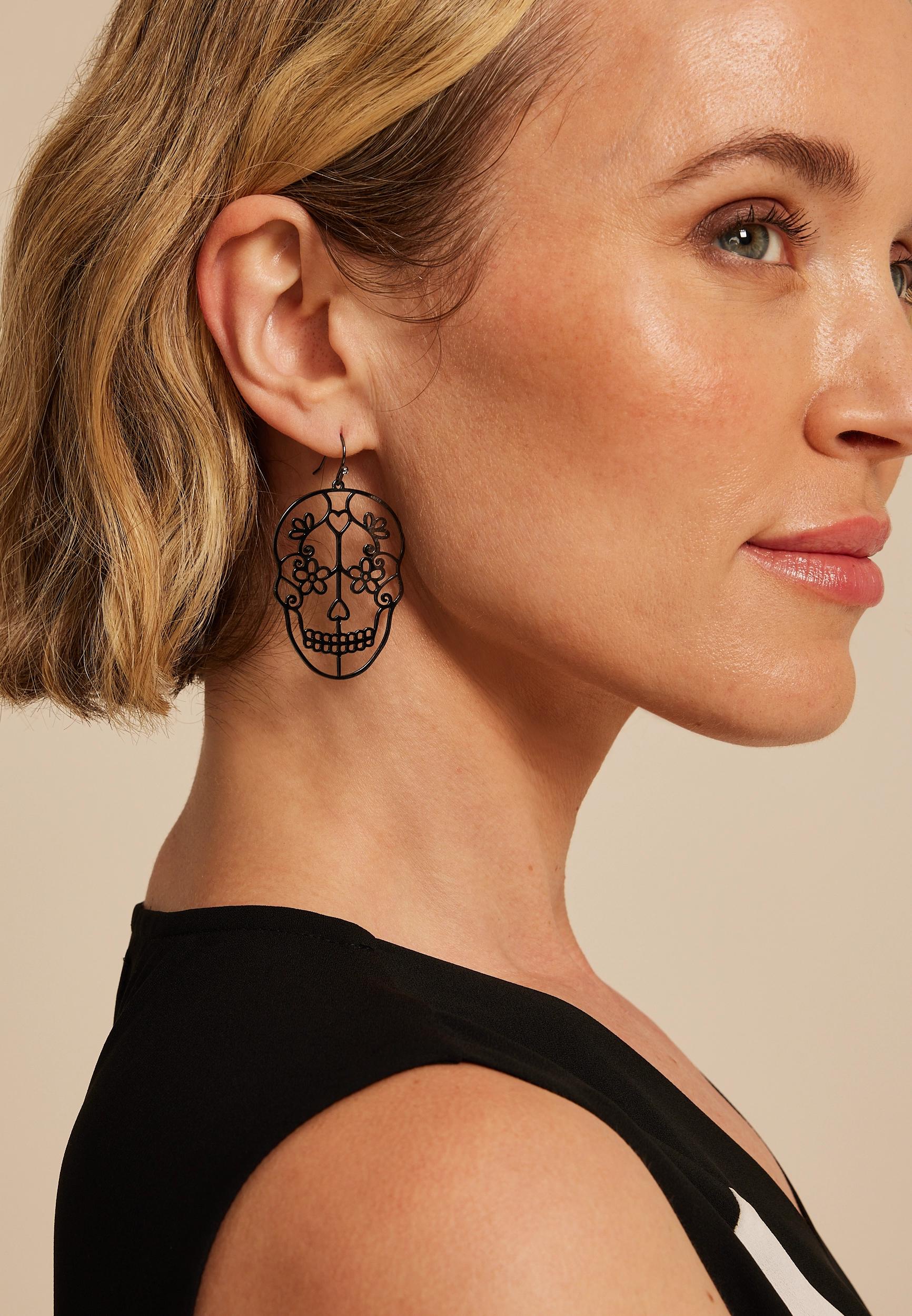 Black Floral Skull Drop Earrings Product Image