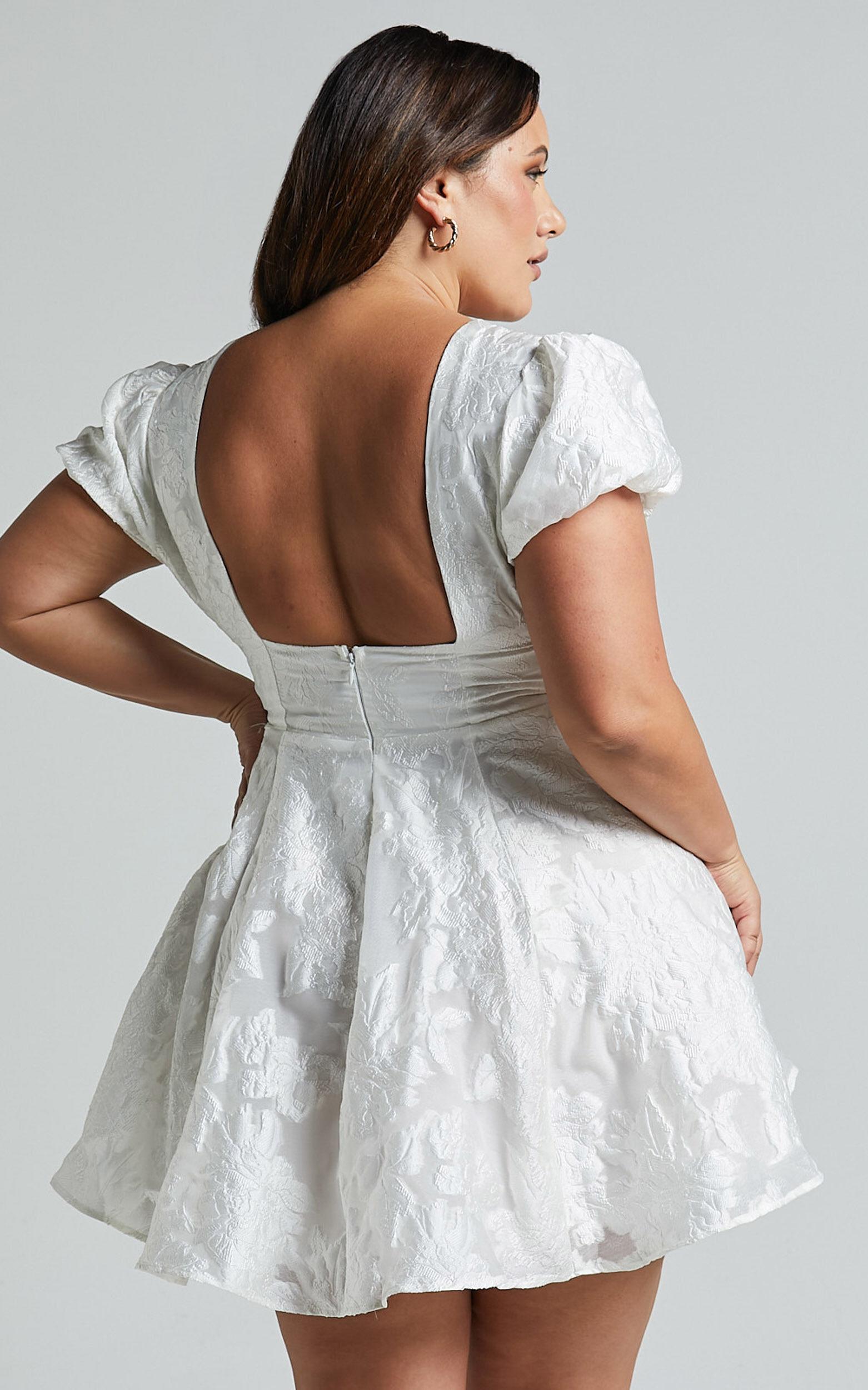 Brailey Jacquard Mini Dress - Puff Sleeve Dress in White Product Image