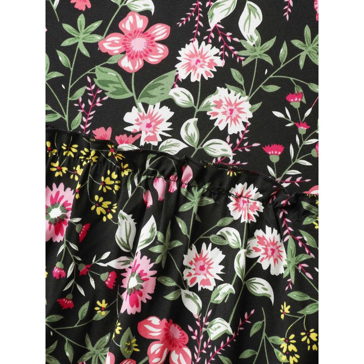 Plus Size Floral Ruffled Square Neck Midi Dress Black Women Romantic Ruffles Square Neck Elbow-length sleeve Curvy BloomChic 10/M Product Image