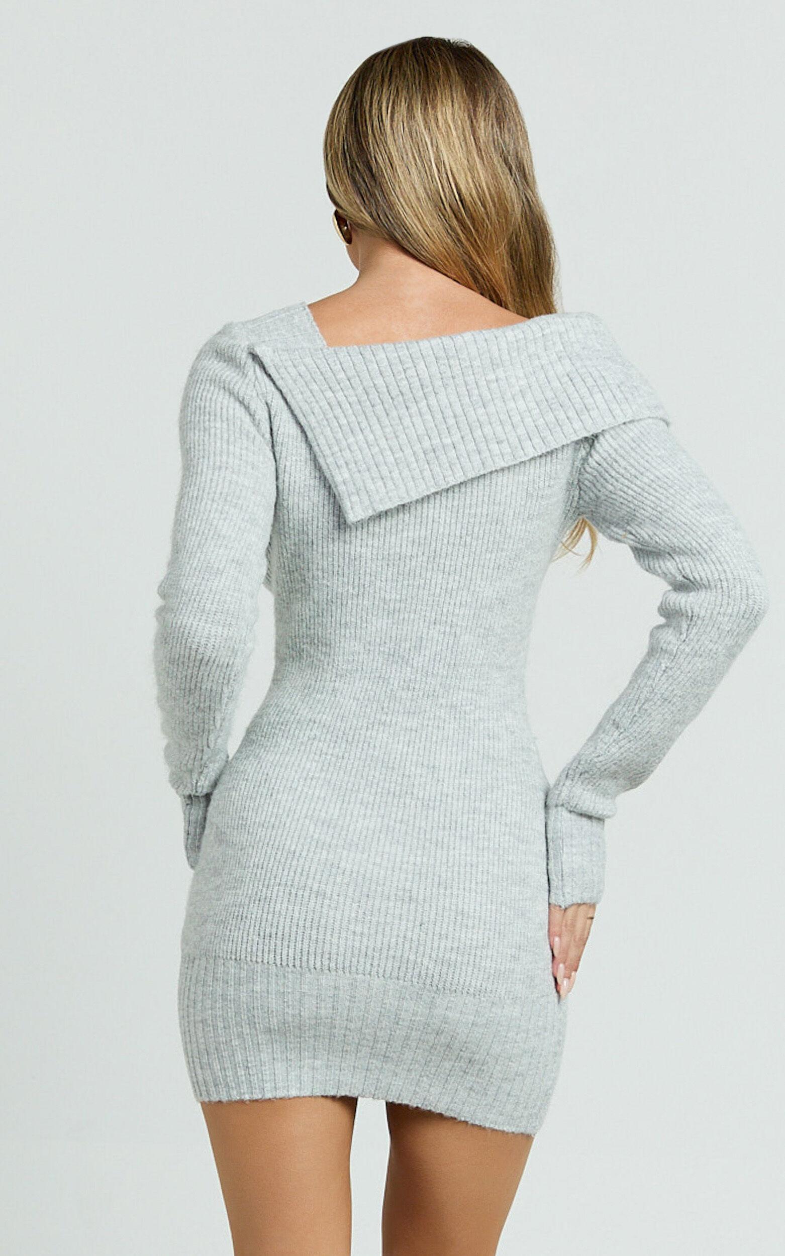 Tess Mini Dress - Asymmetric Off Shoulder Long Sleeve Knit Dress in Light Grey Marl Product Image