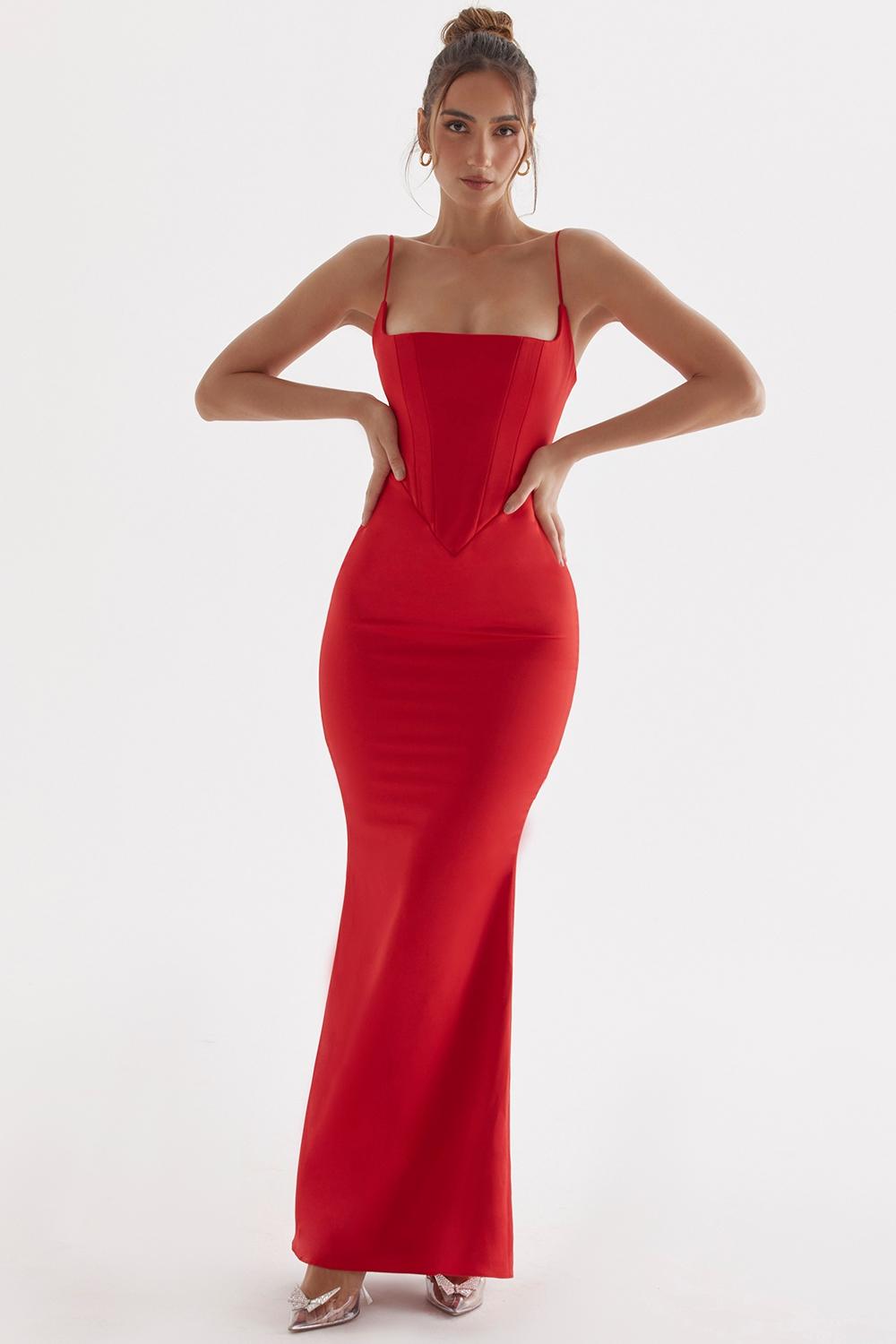 Olivette  red rose satin corset maxi dress - sale Product Image