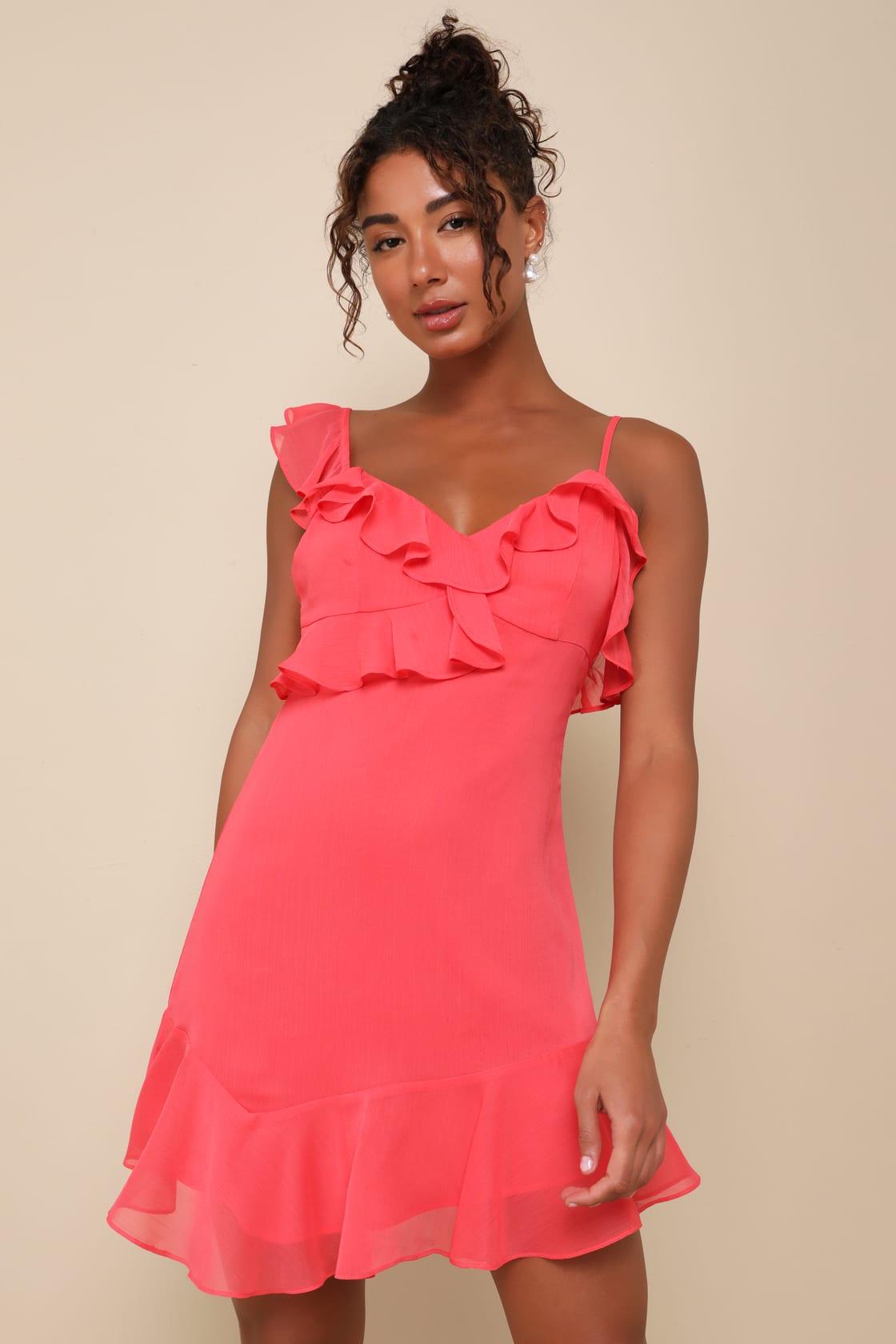 Captivating Always Coral Pink Ruffled Asymmetrical Mini Dress Product Image