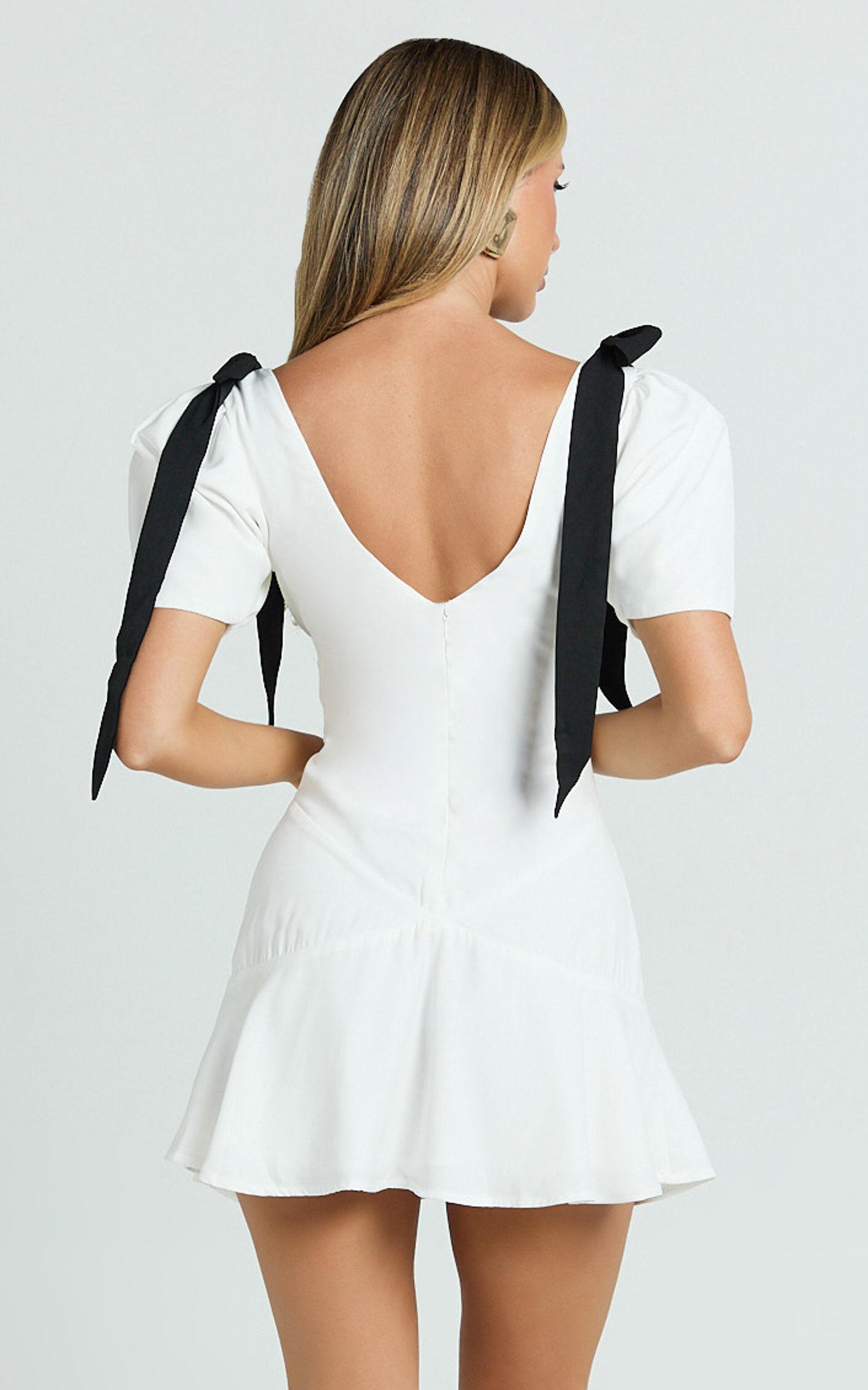 Venus Mini Dress - Contrast Tie Shoulder Short Sleeve Bias Cut Dress in Off White Product Image