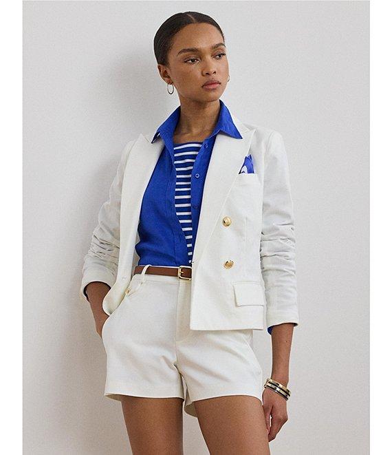 Lauren Ralph Lauren Stretch-Cotton Canvas Double Breasted Peak Lapel Gold Button Blazer Product Image
