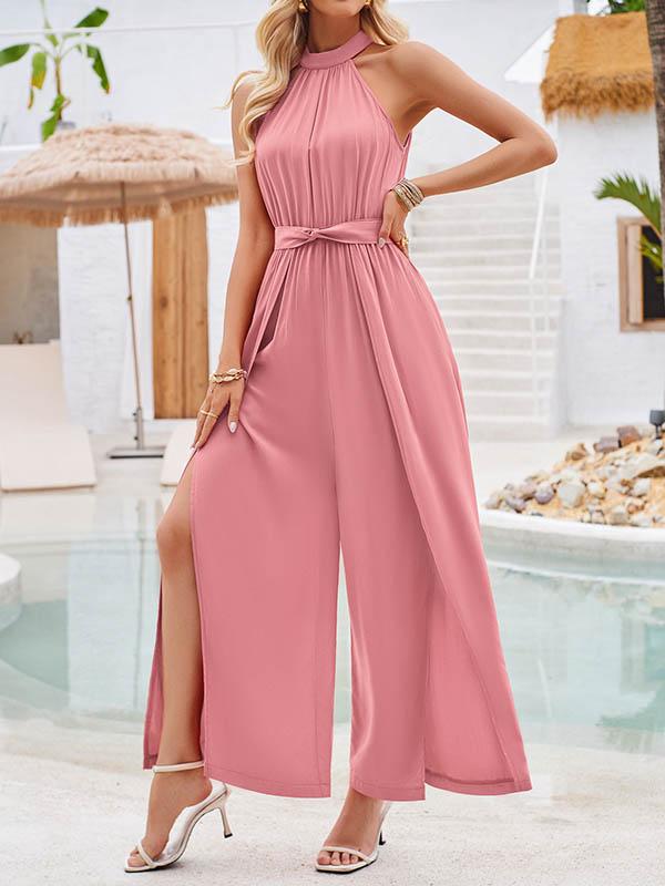 High Waisted Loose Pleated Solid Color Split-Front Tied Waist Halter-Neck Jumpsuits Product Image