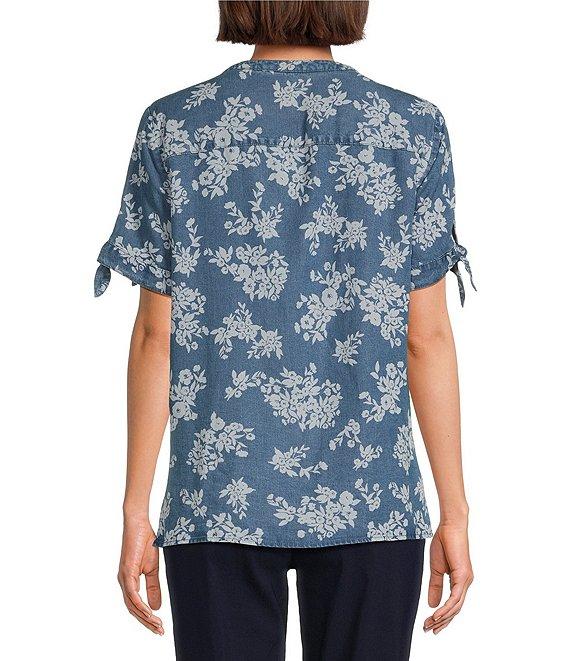 Allison Daley Petite Size Blooming Flowers Print Short Tie Sleeve Y-Neck Button Front Pintuck Blouse Product Image