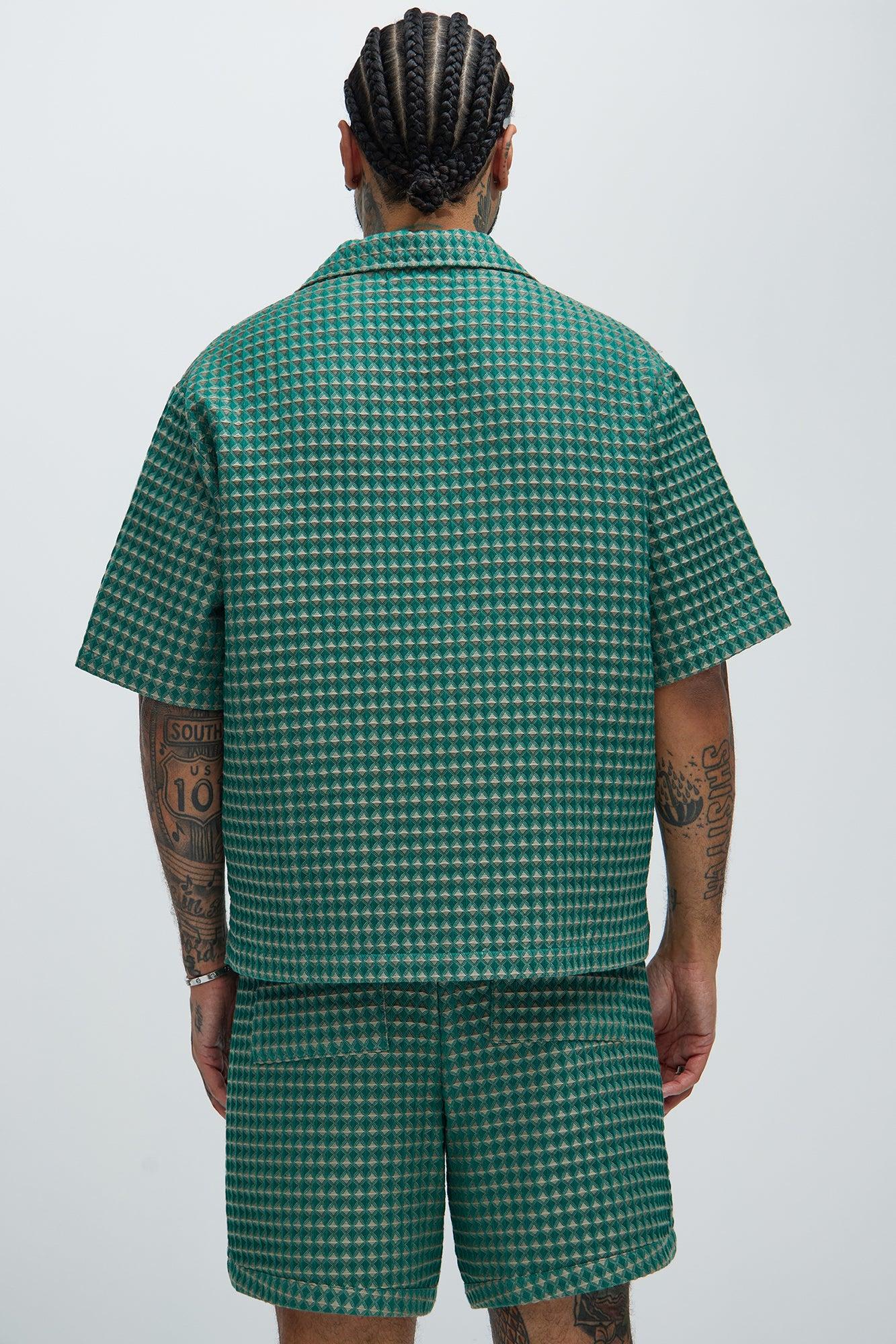 Dimensional Textured Button Up Shirt - Green/combo Product Image
