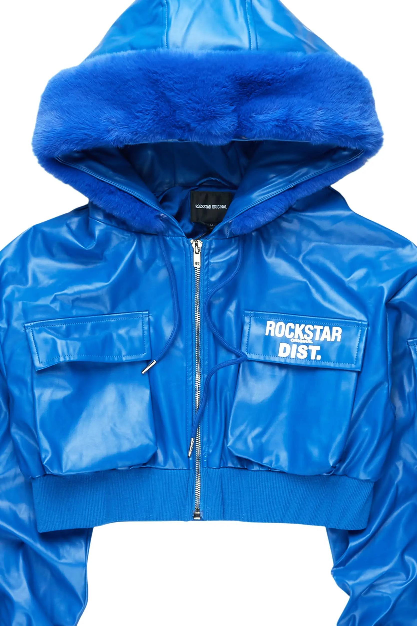 Amyia Royal Blue PU Jacket With Fur Hood Female Product Image