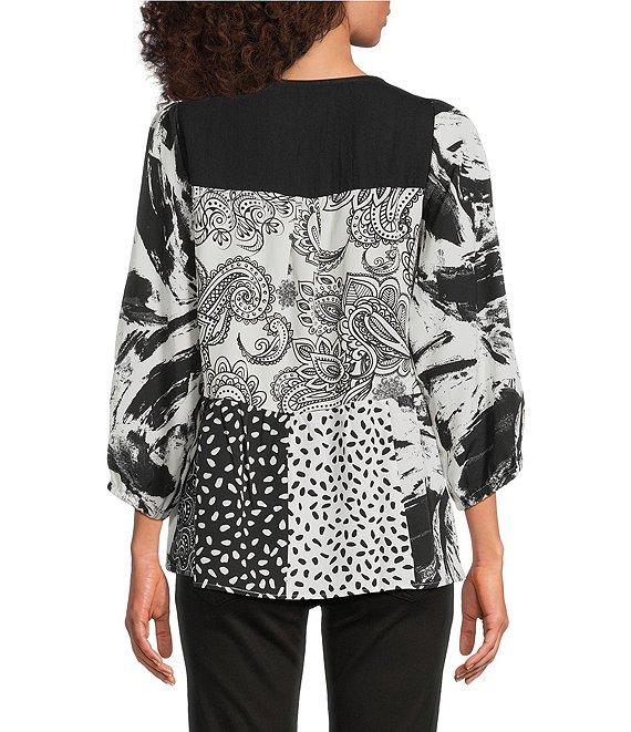 Calessa Petite Size Embroidered Patchwork Split V-Neck 3/4 Sleeve Tunic Product Image