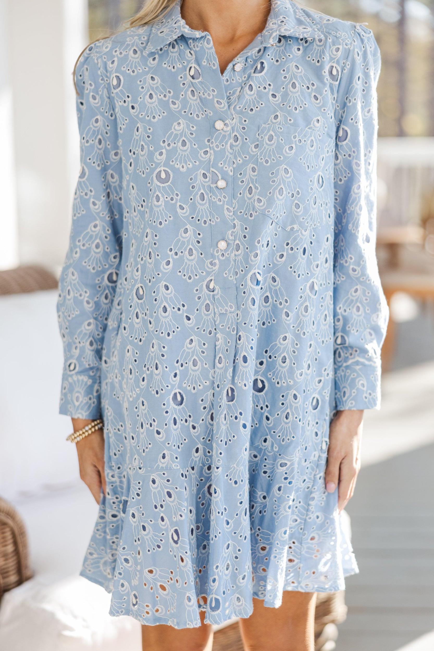 Share Your Story Light Blue Eyelet Shirt Dress Female Product Image
