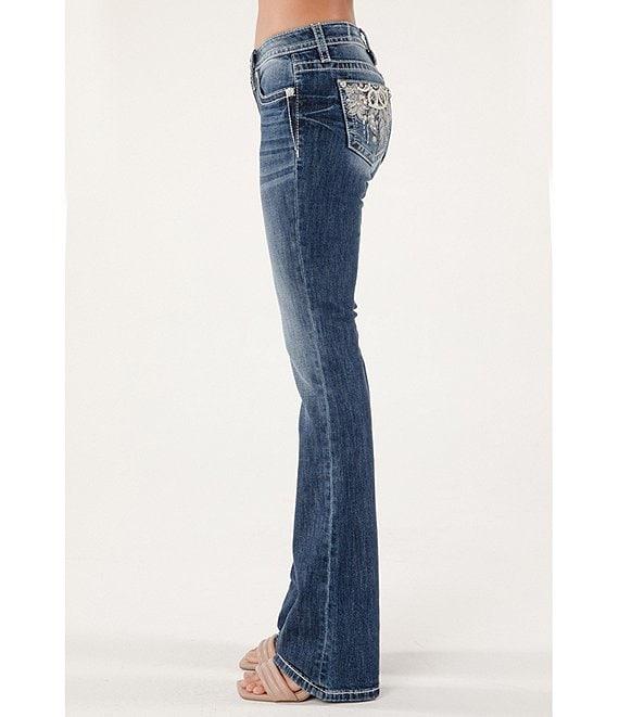 Miss Me Mid Rise Embellished Dreamcatcher Back Pocket Bootcut Jeans Product Image