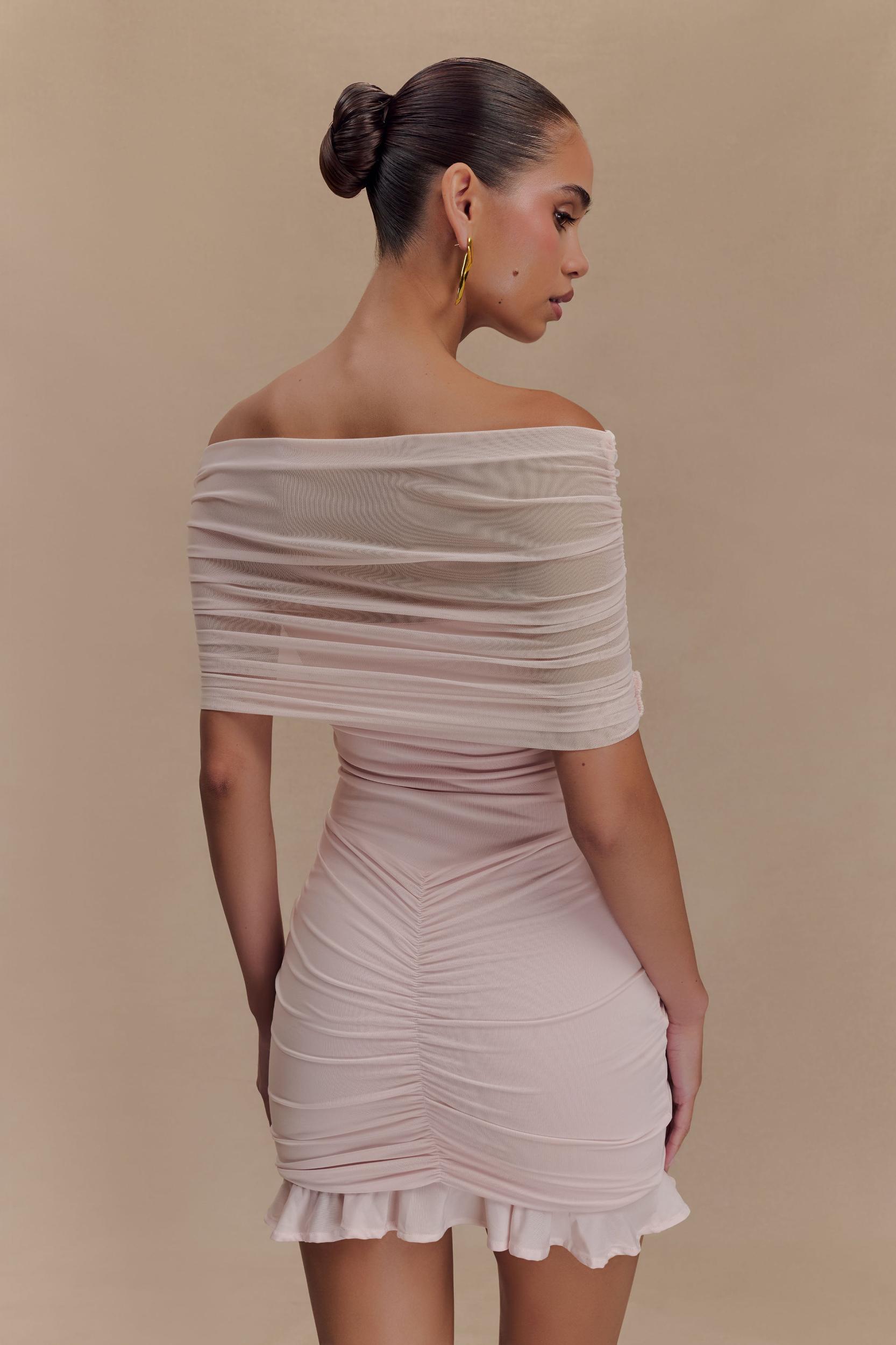 Caspian Slinky And Mesh Off Shoulder Mini Dress - Pale Pink Product Image