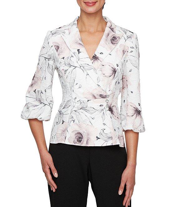 Alex Evenings Jacquard Collared V-Neck 3/4 Bubble Hem Sleeve Floral Blouse Product Image