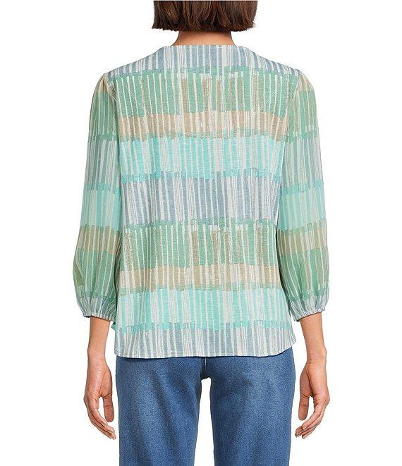 Multiples Slub Knit Embroidered Printed Split V-Neck 3/4 Sleeve Top Product Image