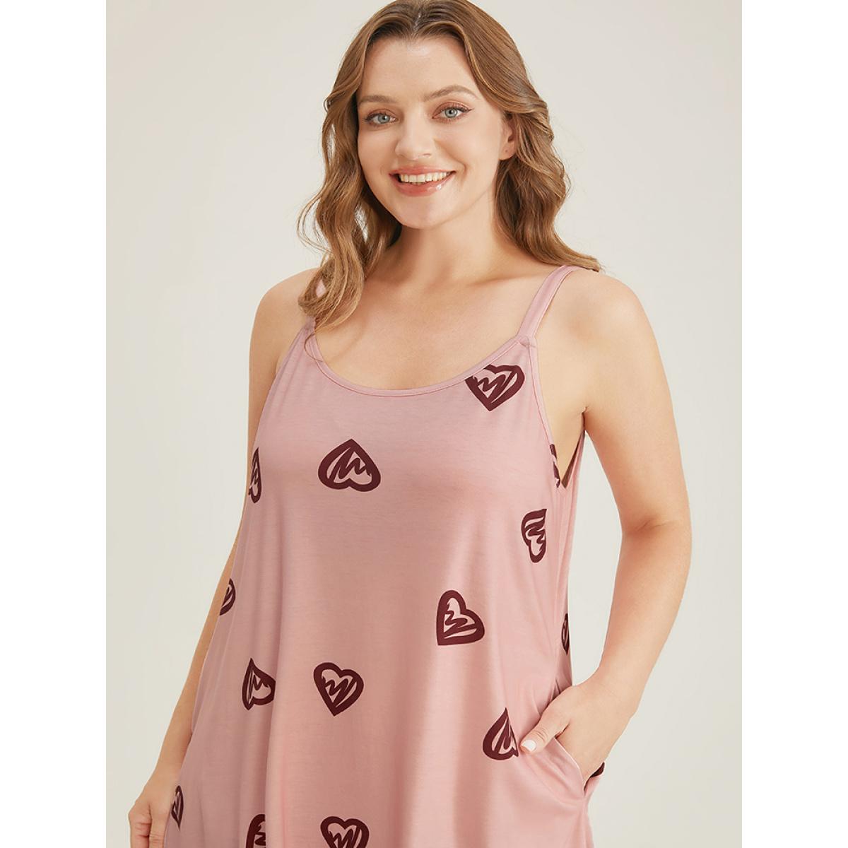 Plus Size Heart Print Pocket Spaghetti Strap Sleep Dress Women Rouge Casual Heart Print Spaghetti Strap Pocket Loungewear BloomChic 12/L Product Image