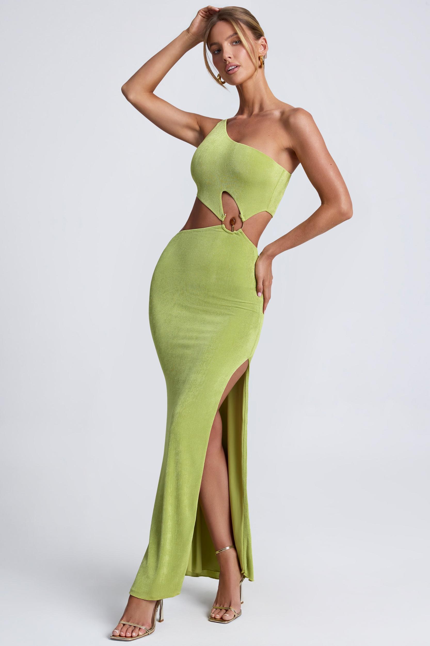 Hardware Detail One-Shoulder Maxi Dress in Olive Green Product Image