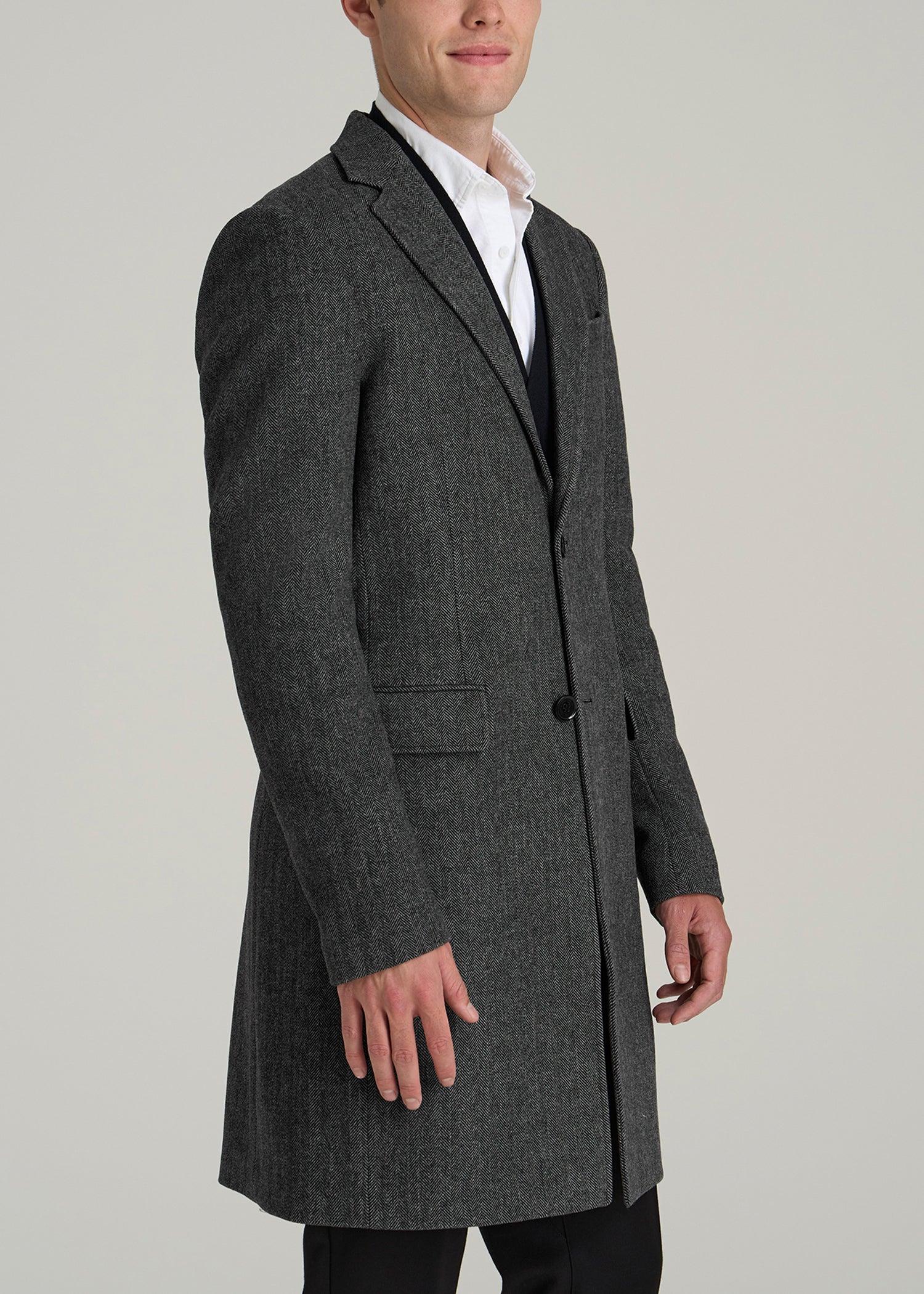Wool Coat for Tall Men in Grey and Black Herringbone Male Product Image