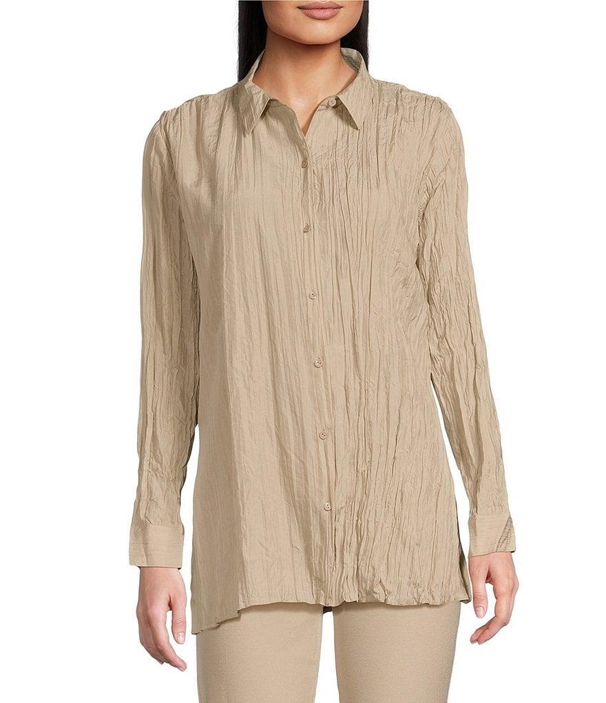 Eileen Fisher Crinkle Silk Classic Collar Long Sleeve Button Down Shirt Product Image