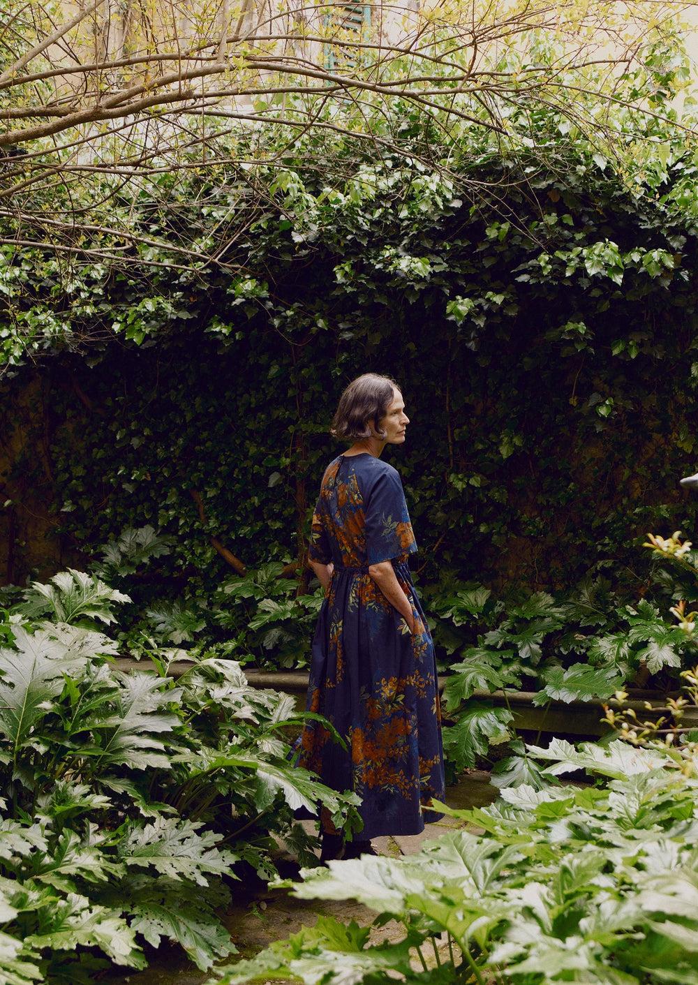 Botanical Shadow Print Cotton Dress | Shadow Blue Product Image