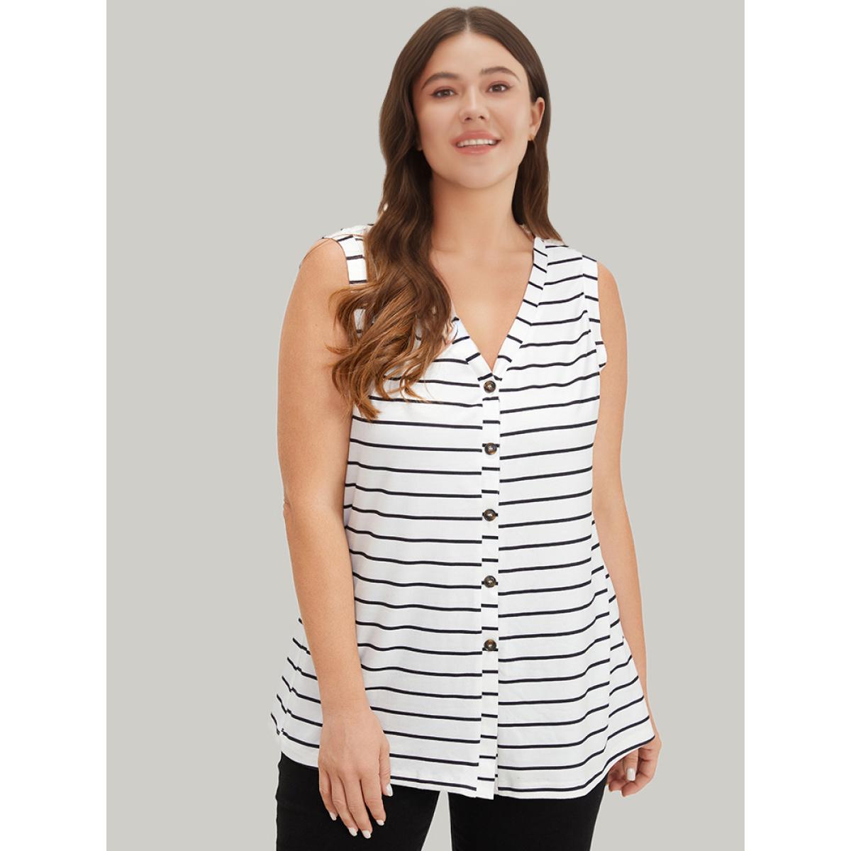 Plus Size Striped Print Button Through Tank Top Women White Casual Button Dailywear Tank Tops Camis BloomChic 18-20/2X Product Image