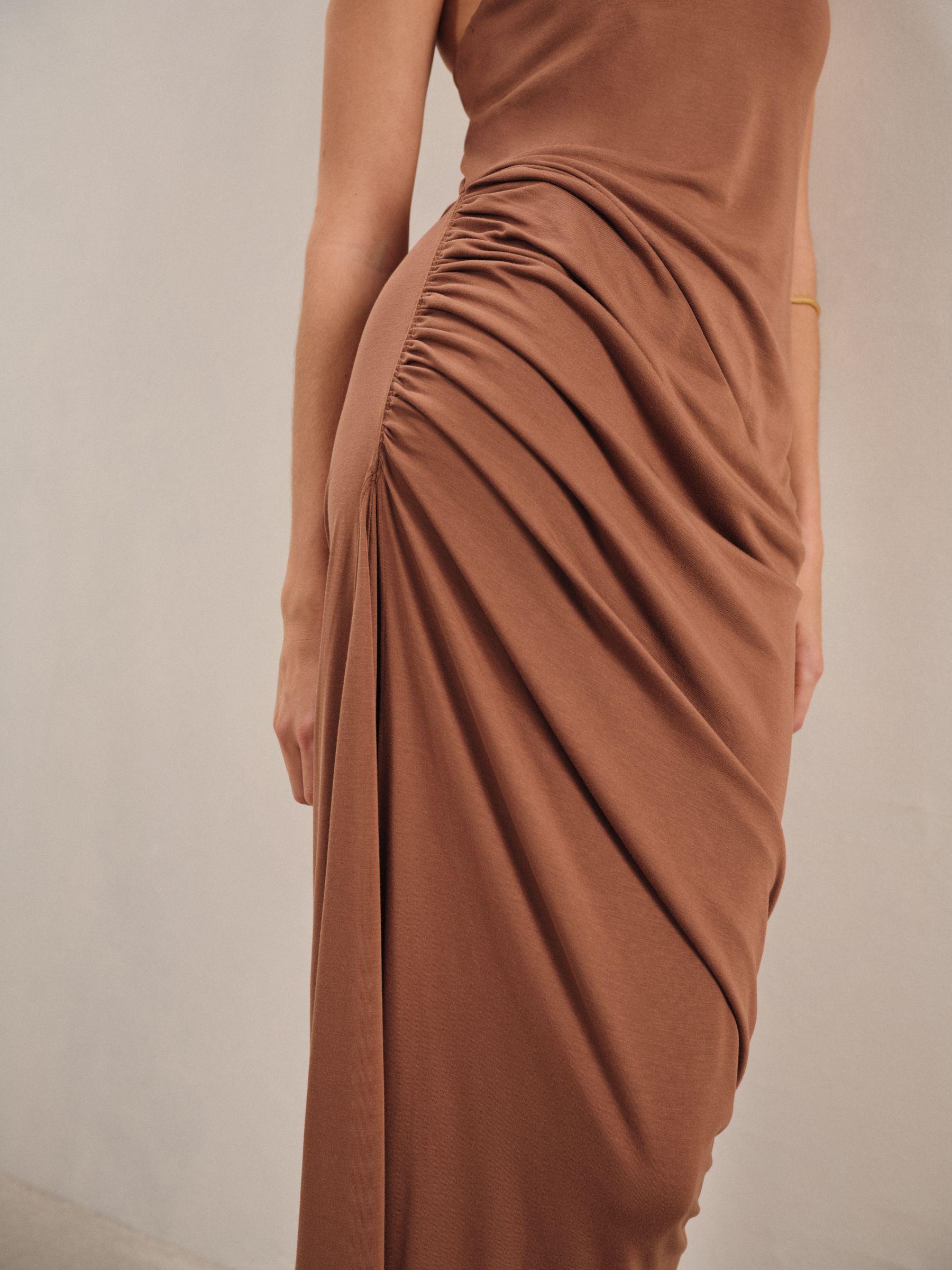 Ruched Jersey Midi Dress in Brown Product Image