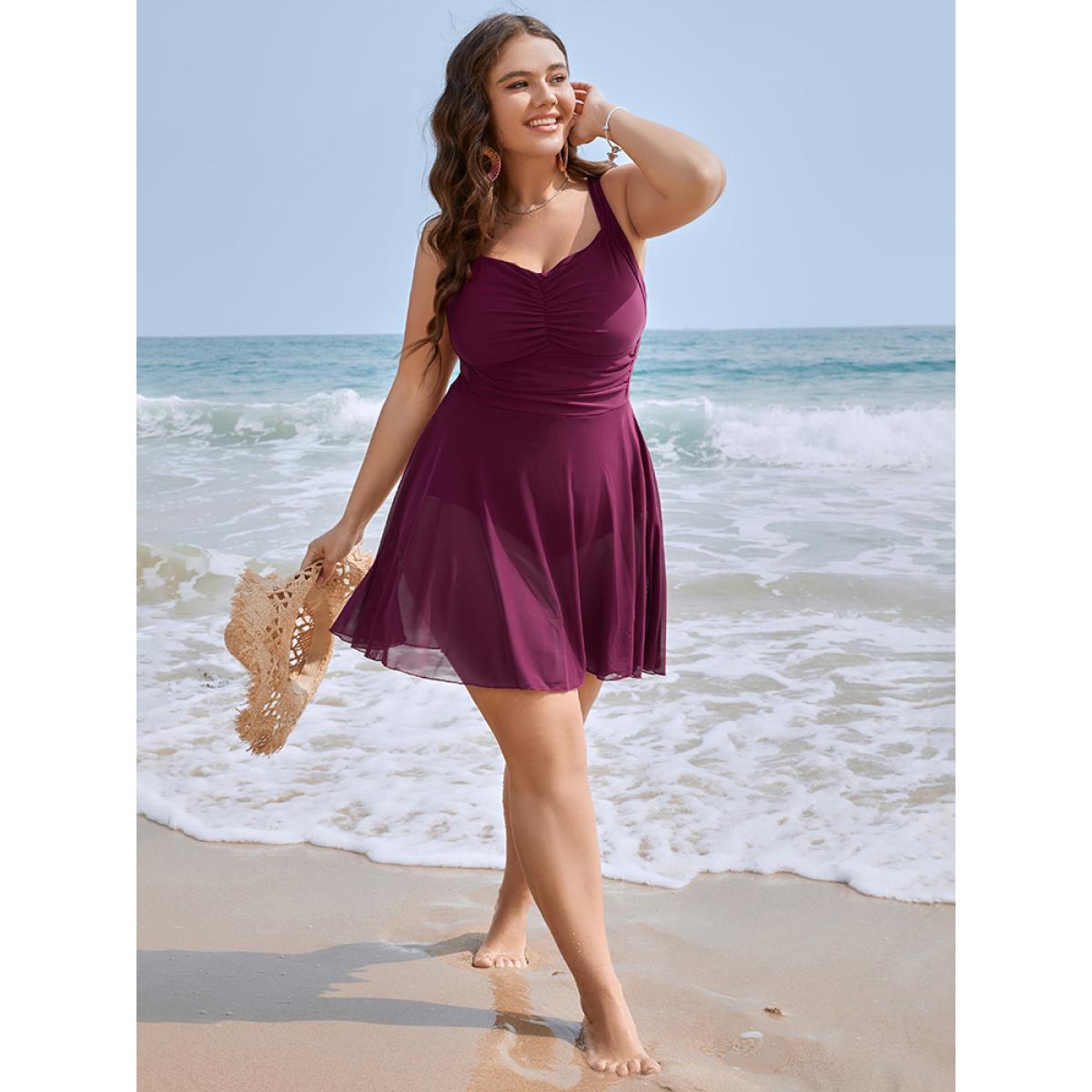 Plus Size Knotted Crossover Ruched Front Ruffles Swim Dress Women's Swimwear Purple Vacation Bodycon Spaghetti Strap High stretch Curve Swim Dresses BloomChic 10/M Product Image