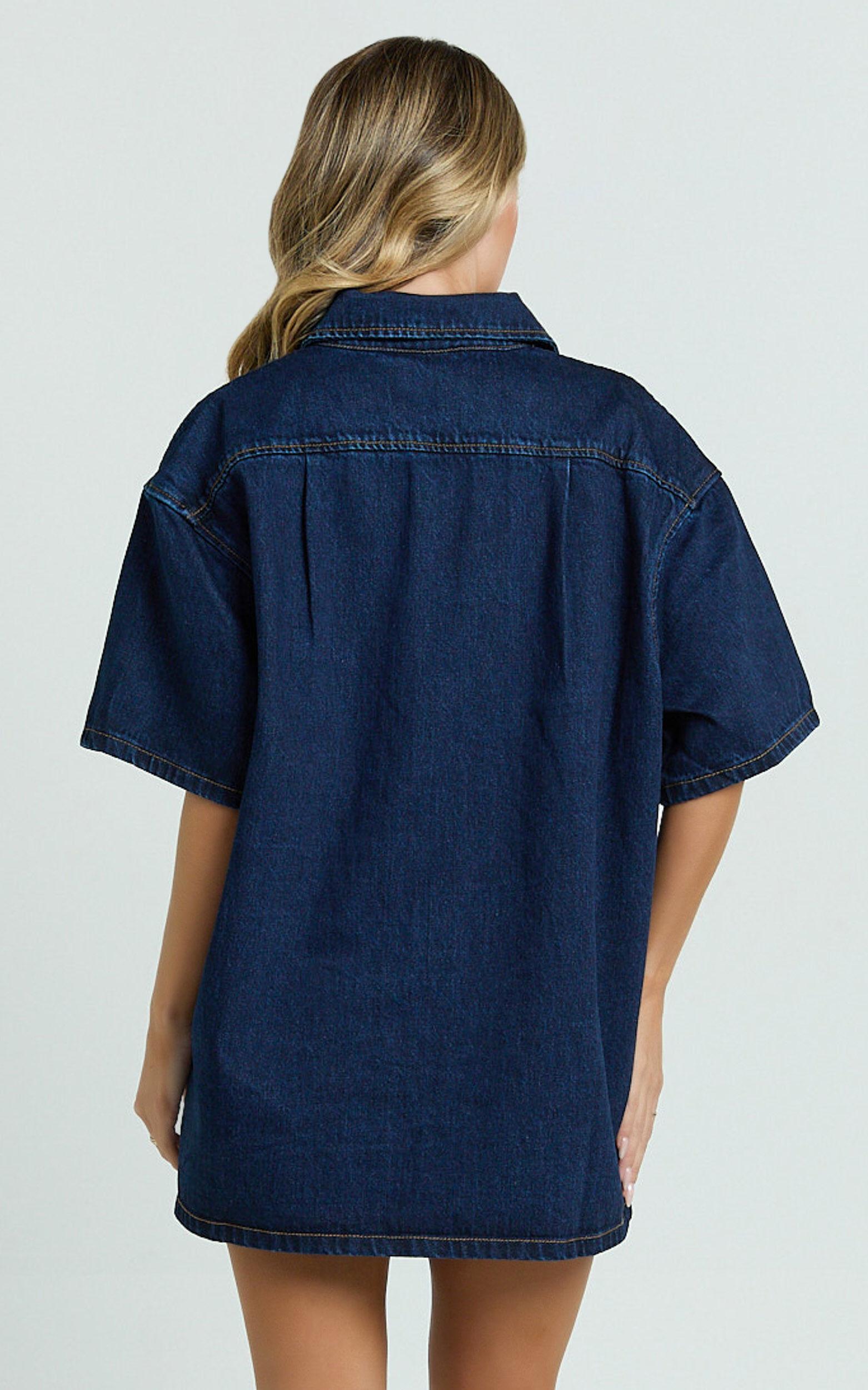 Rhianna Top - Oversized Recycled Denim Hardware Detail Short Sleeve Shirt in Indigo Wash Product Image