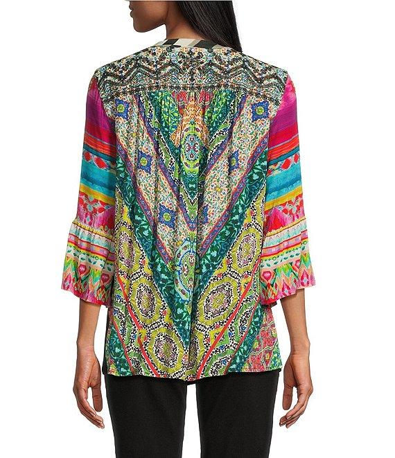 John Mark Petite Size Embroidered Floral Y-Neck 3/4 Sleeve Tunic Product Image