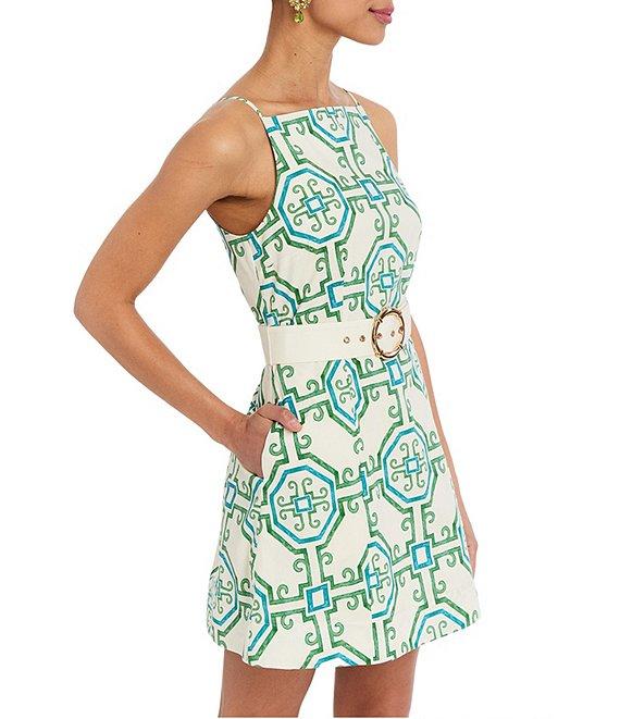 Mestiza New York Havana Printed Poplin High Square Neck Sleeveless Fit-And-Flare Belted Mini Dress Product Image