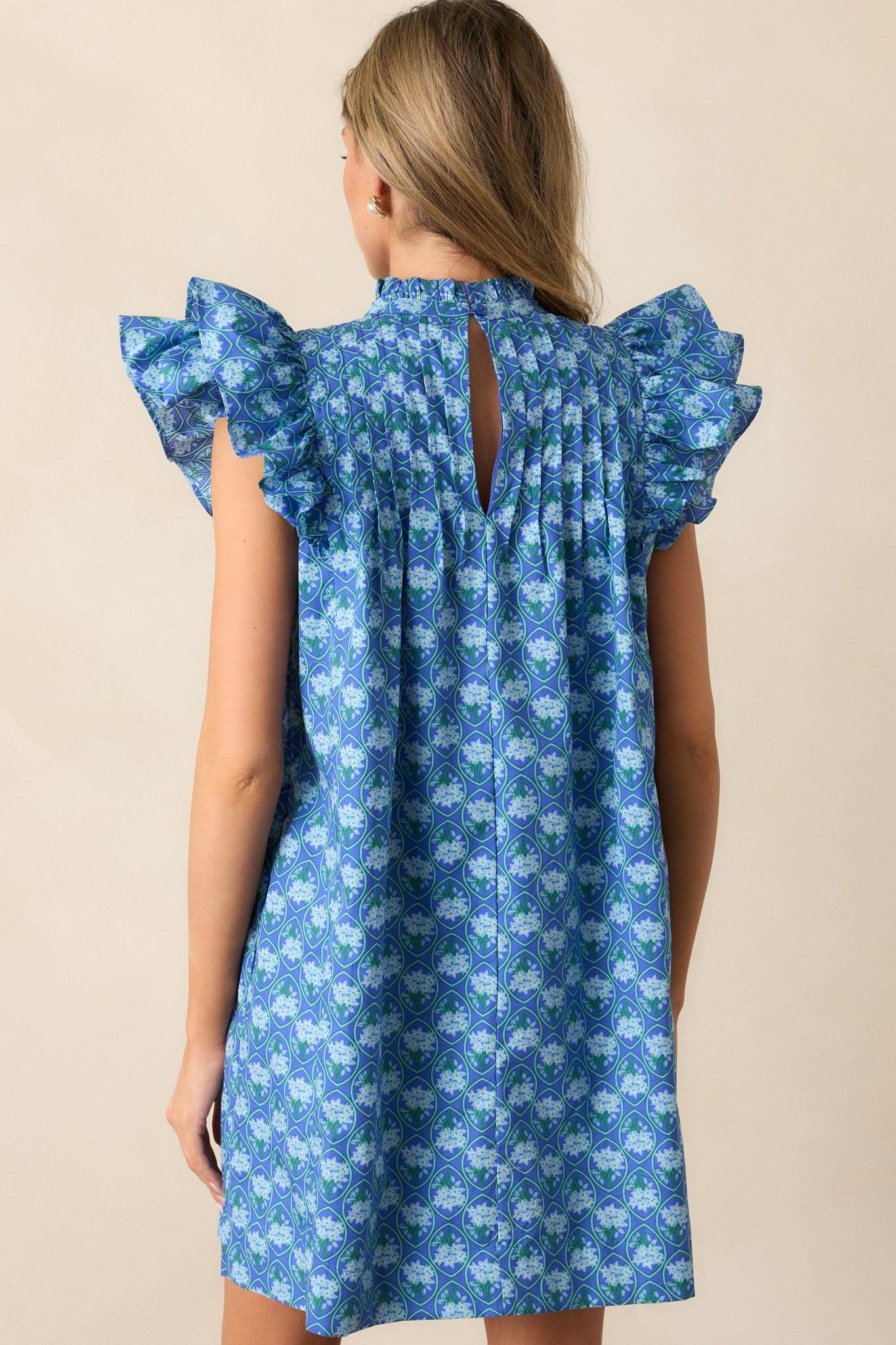 Daisy Drift Cotton Navy Floral Flutter Sleeve Mini Dress Product Image