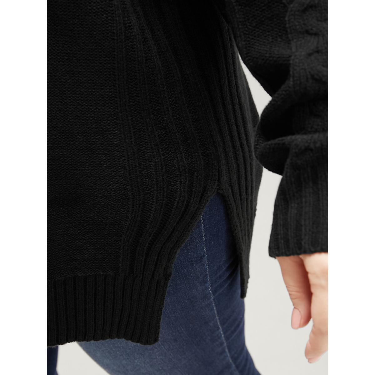 Plus Size Solid Pointelle Knit Cut Out Split Hem Cable Knit Top Black Women Casual Loose Long Sleeve V-neck Dailywear Pullovers BloomChic 28/5X Product Image